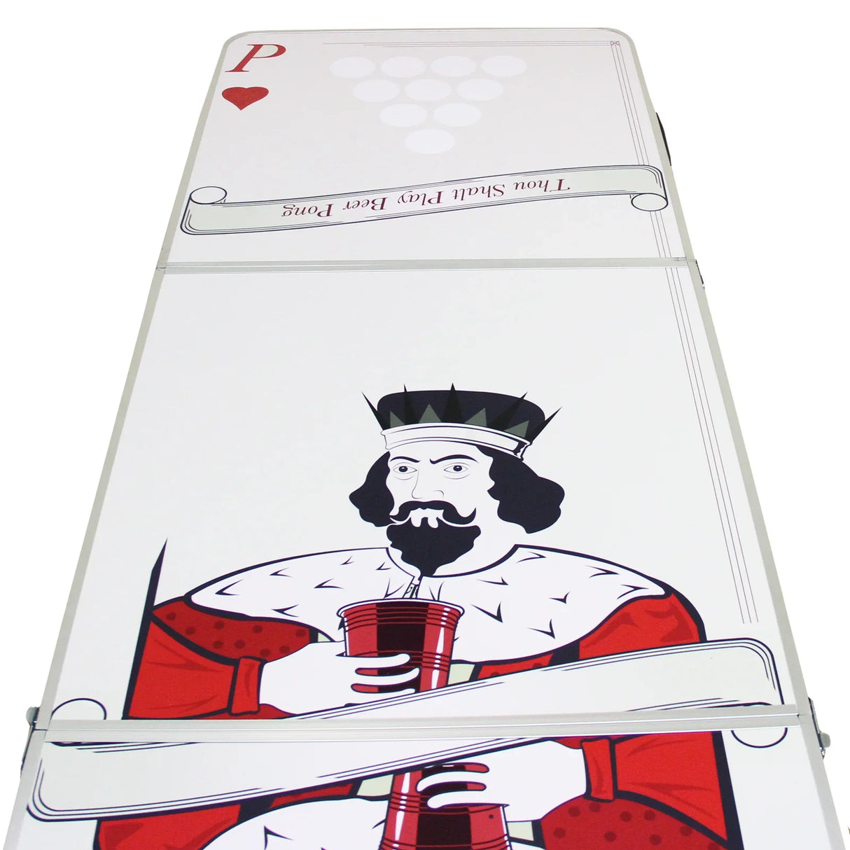 8FT beer pong table featuring a vibrant design with a king holding cups, smooth surface, and sturdy folding construction
