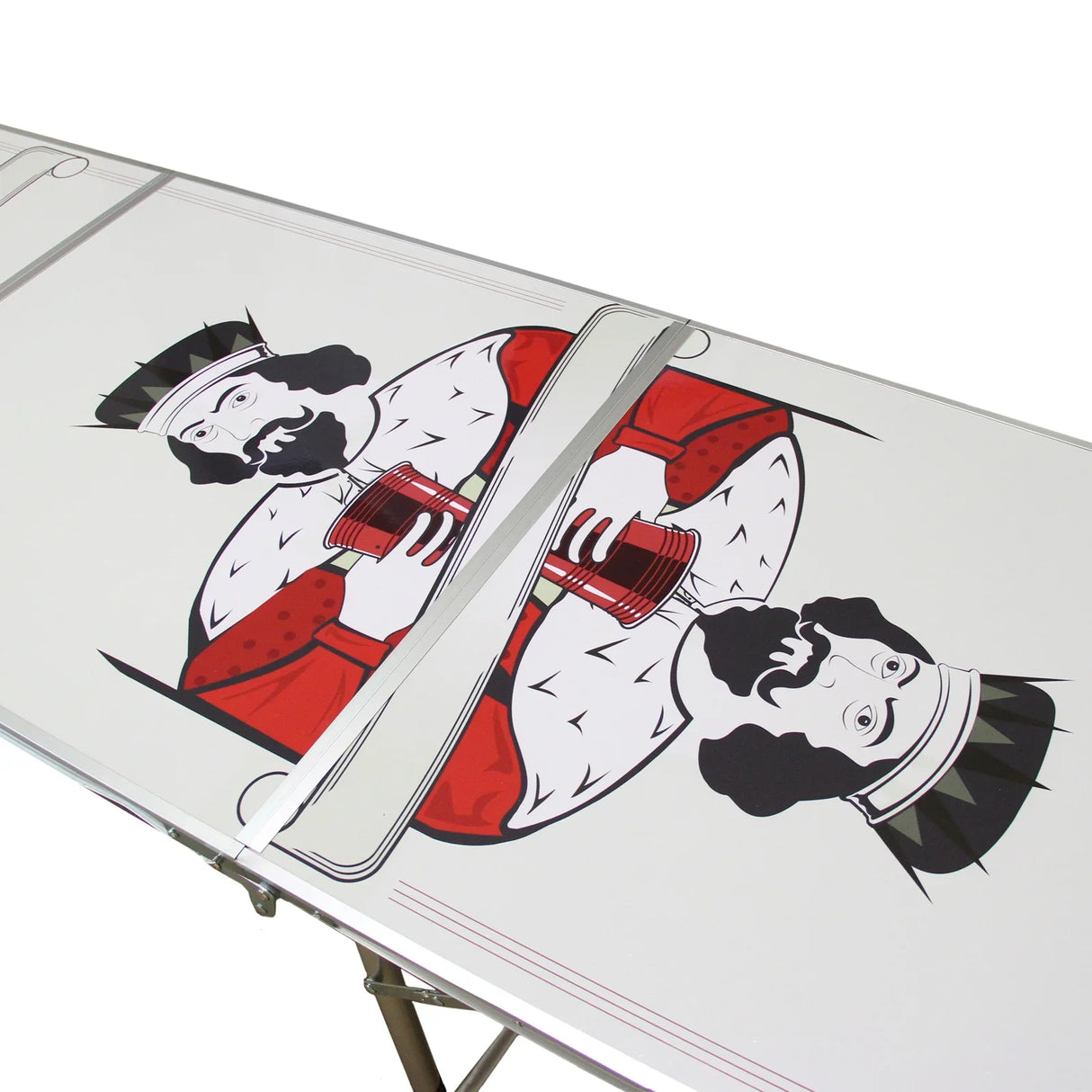 8FT beer pong table featuring a vibrant design with a king graphic, sturdy aluminum frame, and smooth white surface for gameplay