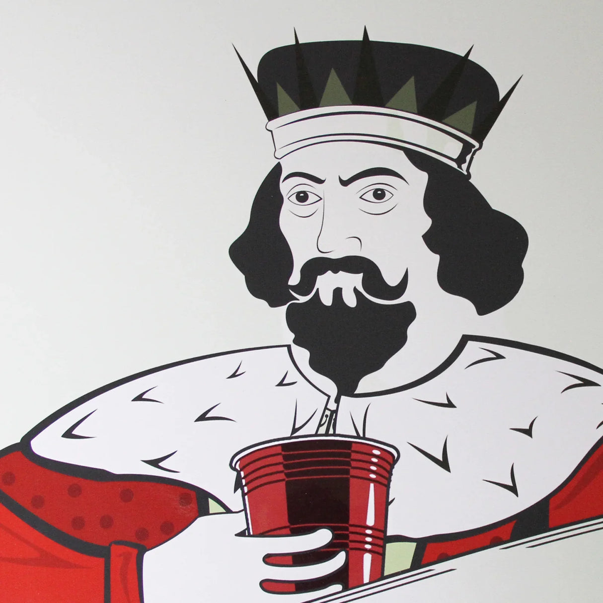 Colorful illustration of a king holding a red cup, featured on a Beer Pong Table, enhancing the fun and festive atmosphere