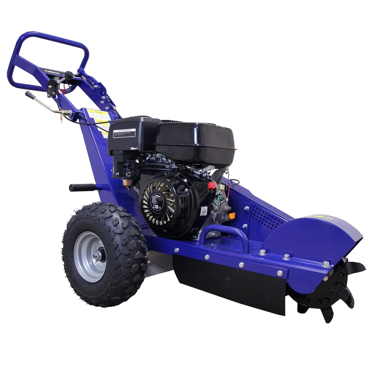 T-Mech 13HP stump grinder in vibrant blue with rugged tires, powerful engine, and sharp cutting blade for efficient tree stump removal