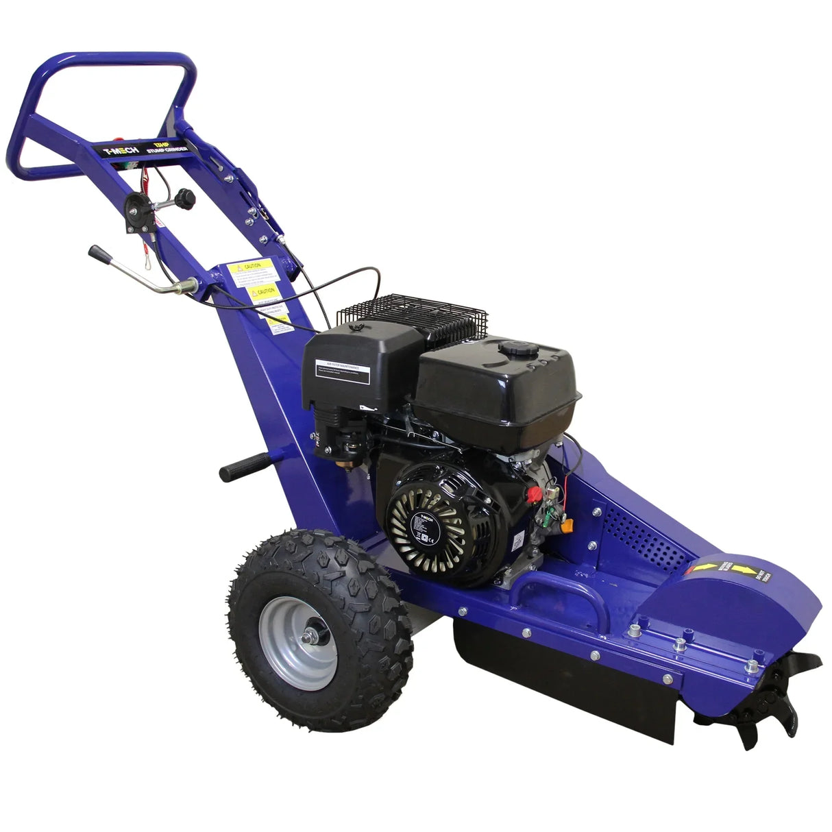 T-Mech 13HP stump grinder in vibrant blue, featuring a robust engine, large tires, and a sturdy frame for efficient wood removal