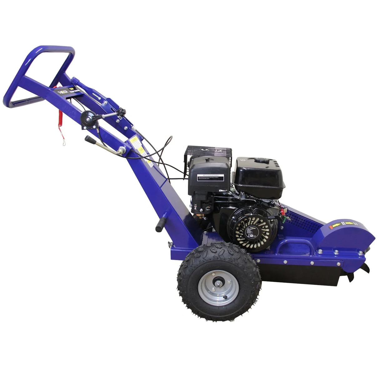 T-Mech 13HP stump grinder in vibrant blue, featuring a sturdy handle, robust engine, and rugged wheels for efficient grinding