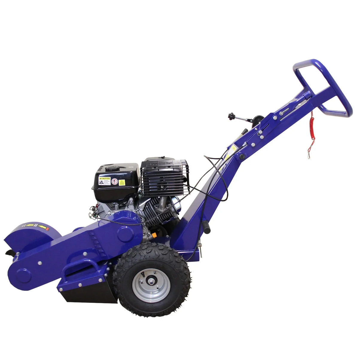 T-Mech 13HP stump grinder in vibrant blue, featuring a sturdy handle, robust wheels, and powerful engine for efficient grinding