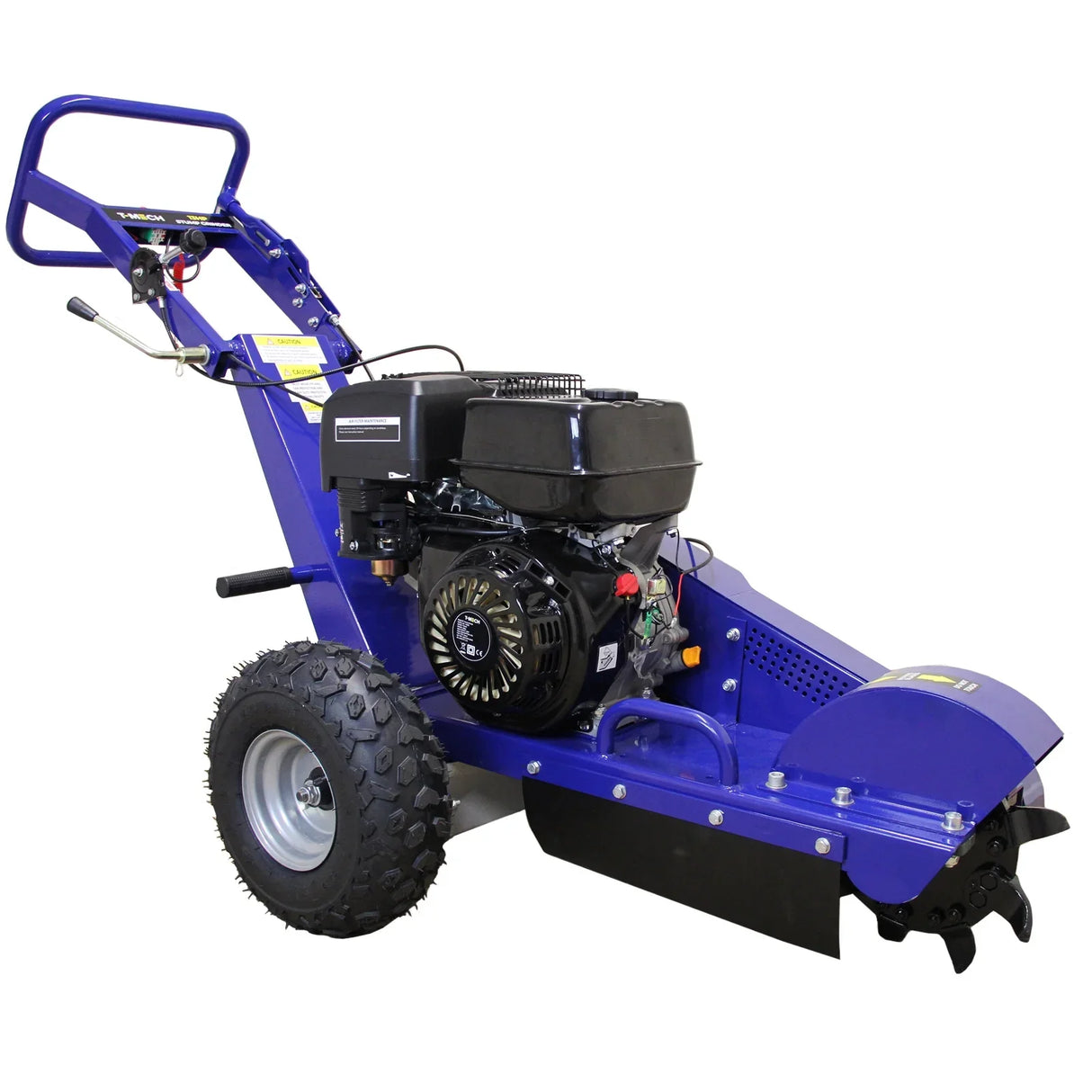 T-Mech 13HP stump grinder with a blue frame, large rear wheels, and powerful engine, designed for efficient tree stump removal