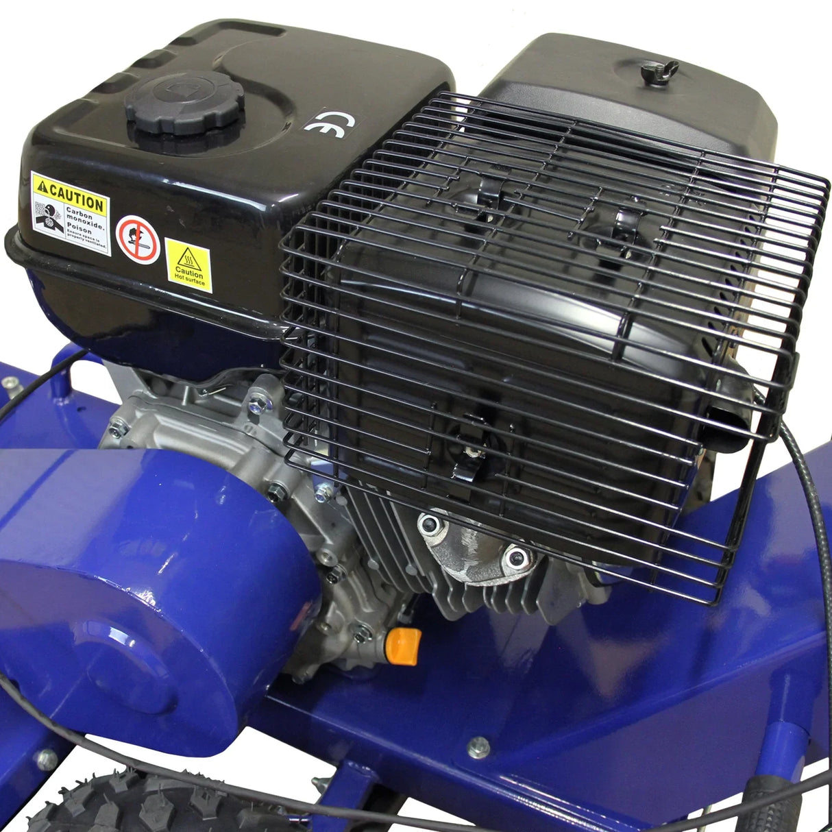 Powerful T-Mech 13HP engine with protective grill, featuring a black fuel tank and blue chassis for the log splitter and stump grinder