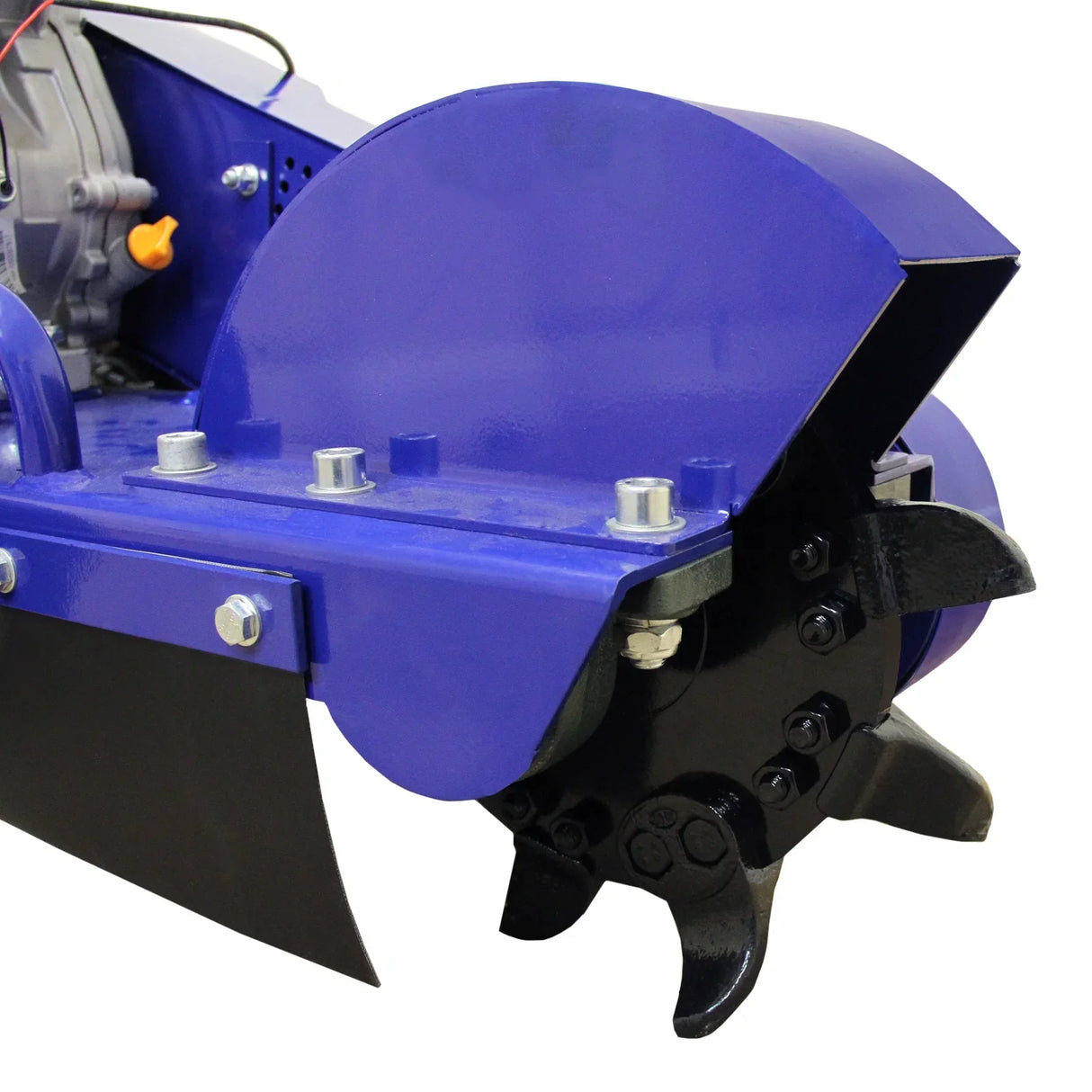 T-Mech log splitter features a sturdy blue metal body, sharp black blades, and a robust design for efficient wood splitting and stump grinding