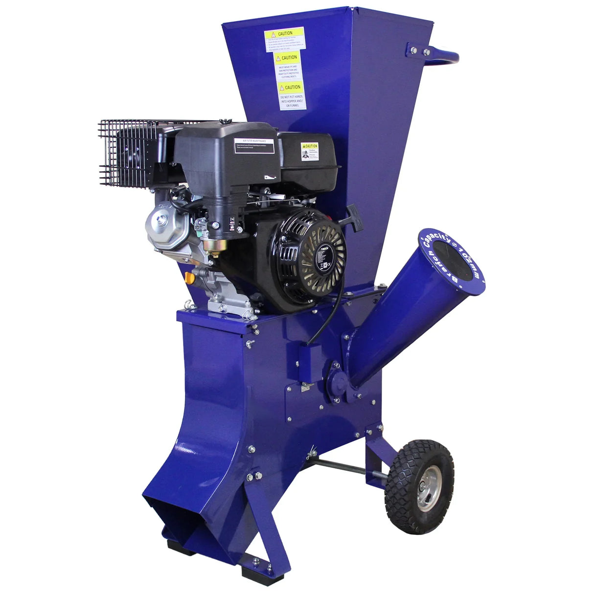 T-Mech 15HP wood chipper in vibrant blue, featuring a powerful engine, large hopper, and sturdy wheels for easy mobility