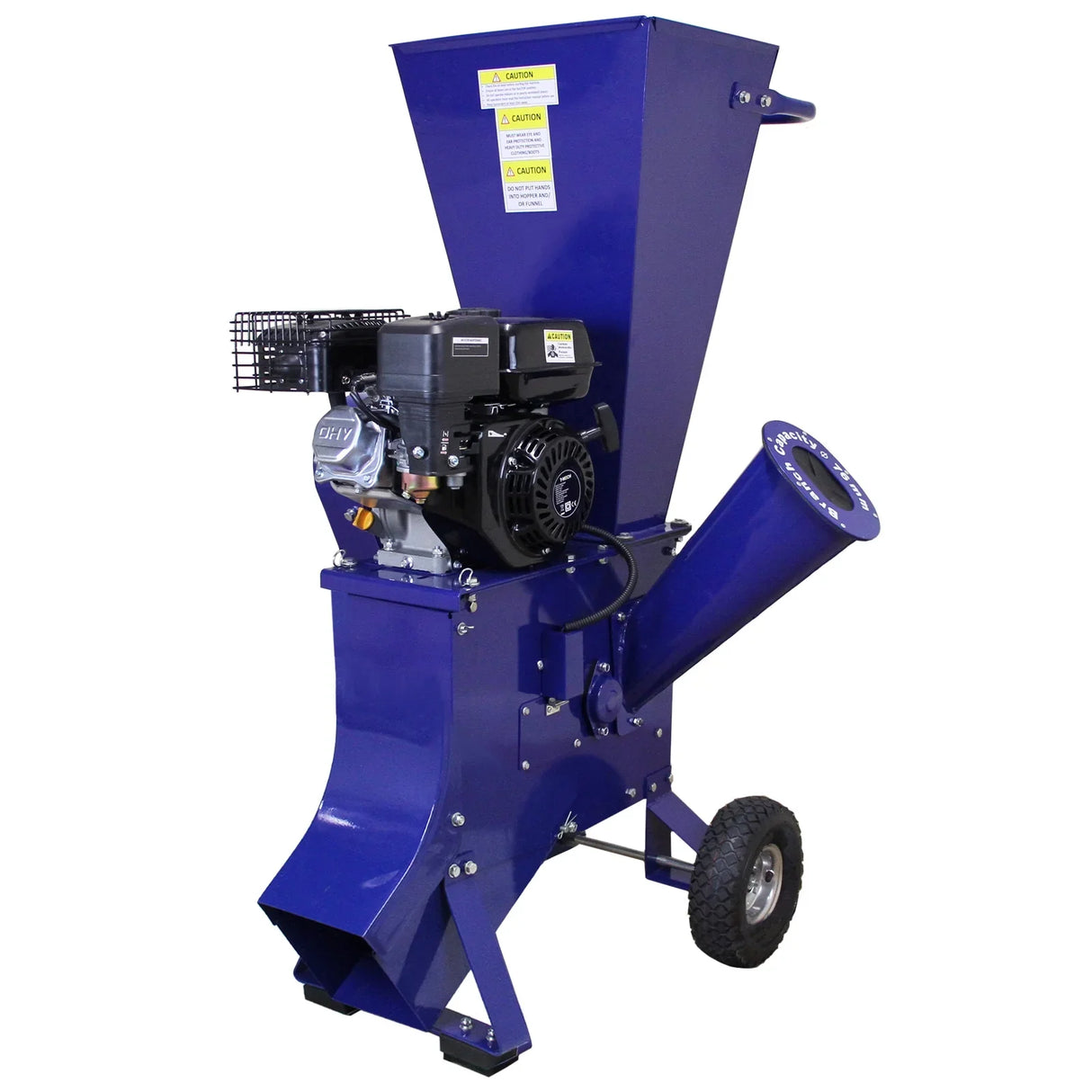 T-Mech 6.5HP wood chipper in vibrant blue, featuring a sturdy design, large chute, and powerful engine for efficient wood processing