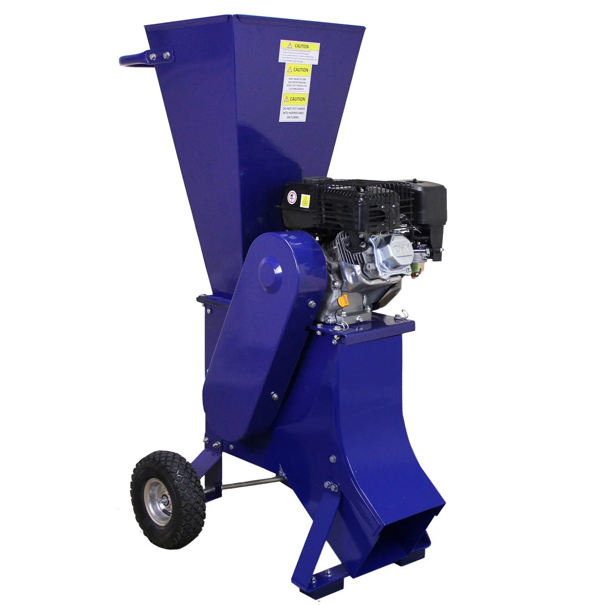 T-Mech 6.5HP wood chipper in vibrant blue with a sturdy design, featuring a powerful engine and large hopper for efficient chipping