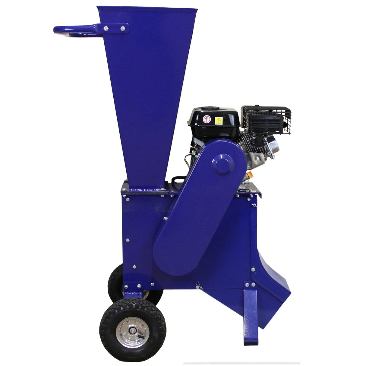 T-Mech 6.5HP wood chipper in vibrant blue, featuring a large hopper, sturdy wheels, and a powerful engine for efficient wood processing