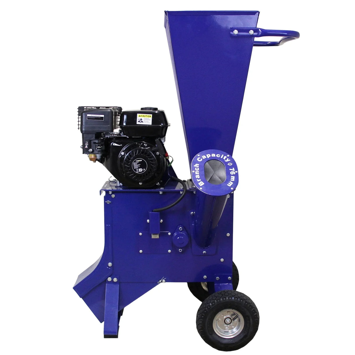 T-Mech 6.5HP wood chipper in vibrant blue, featuring a sturdy design, large chute, and durable wheels for easy mobility
