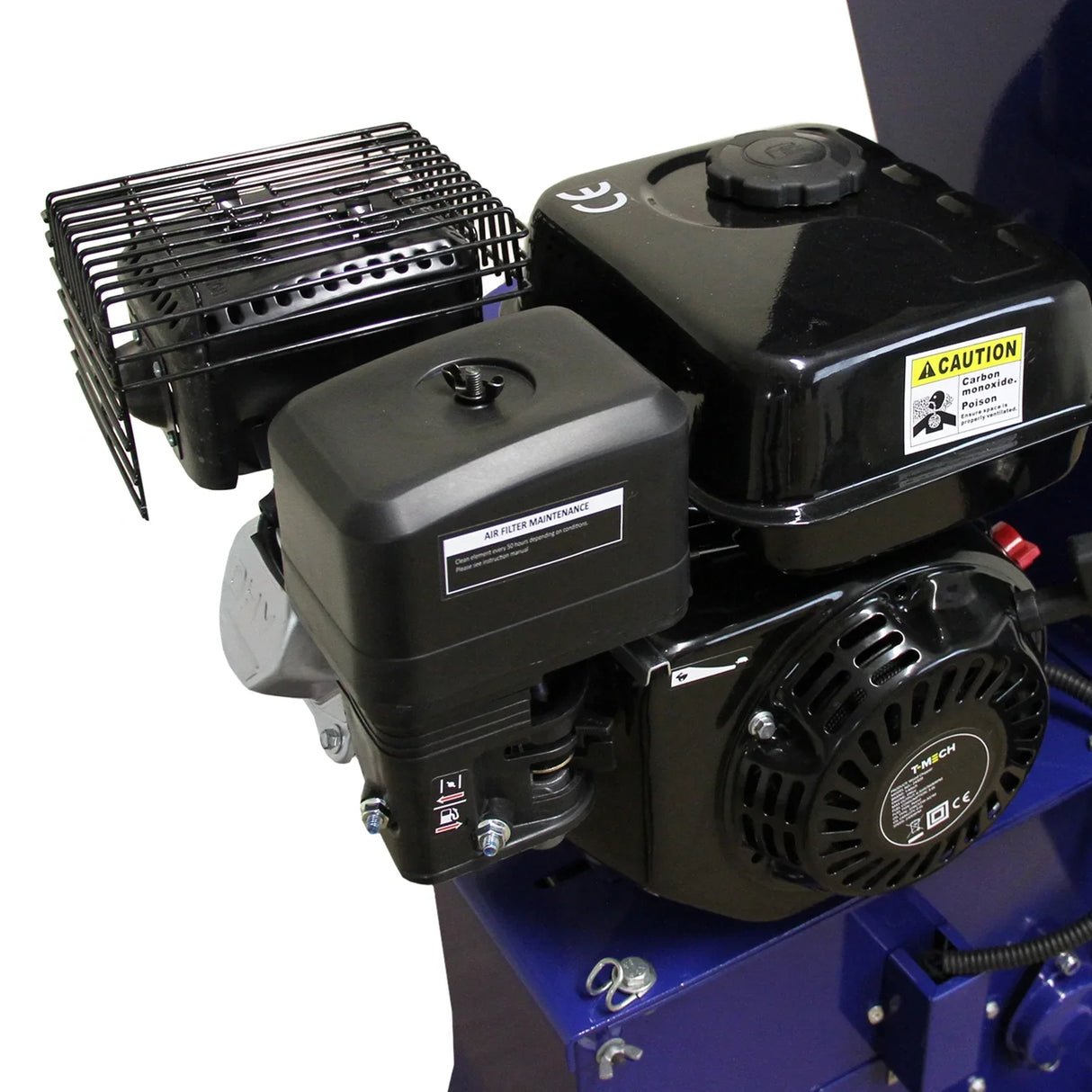 Powerful T-Mech 6.5HP engine with a sleek black finish, featuring a protective grill and clear labeling for safety and maintenance