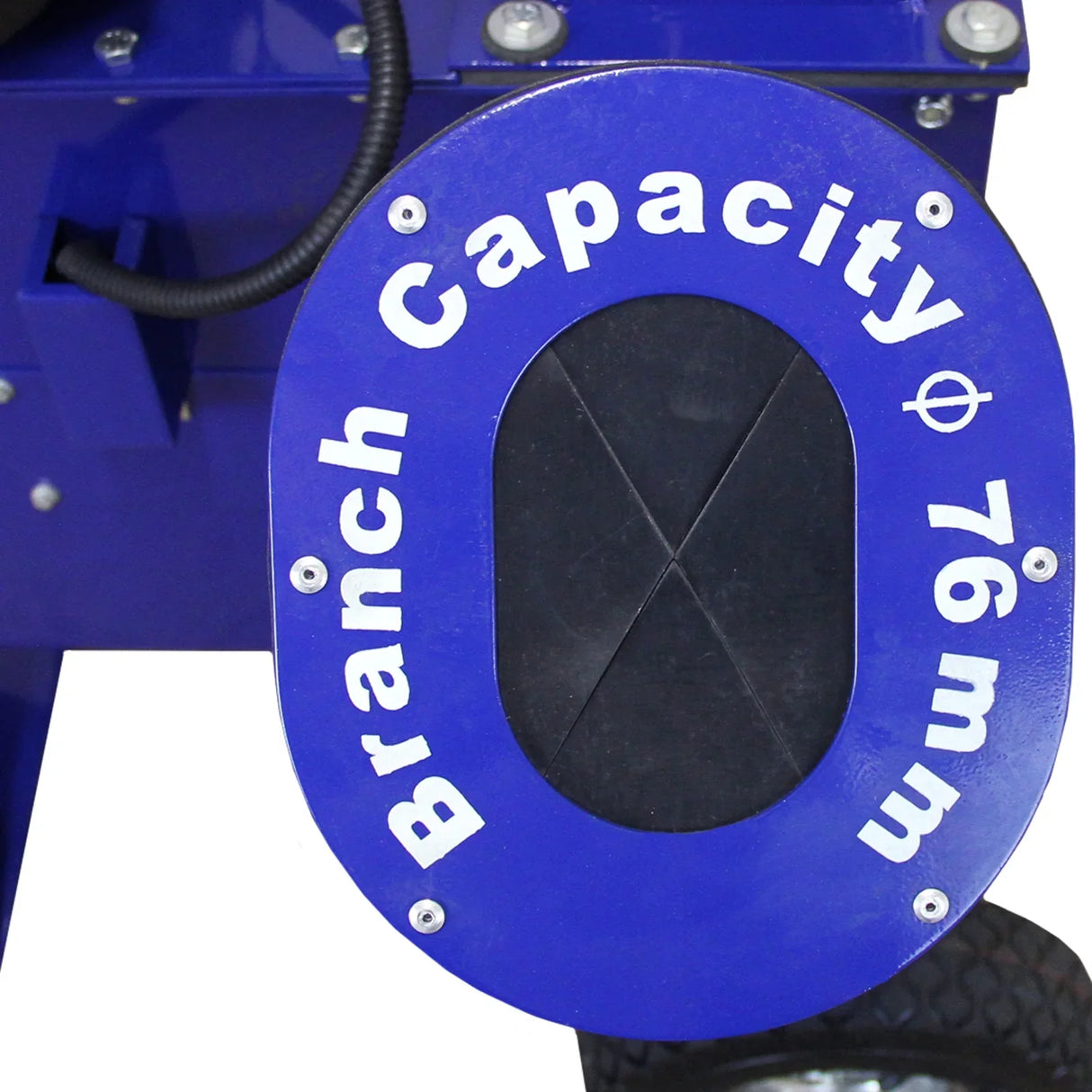 Branch capacity indicator on T-Mech 6.5HP wood chipper, featuring a blue circular design with white text, measuring 76mm