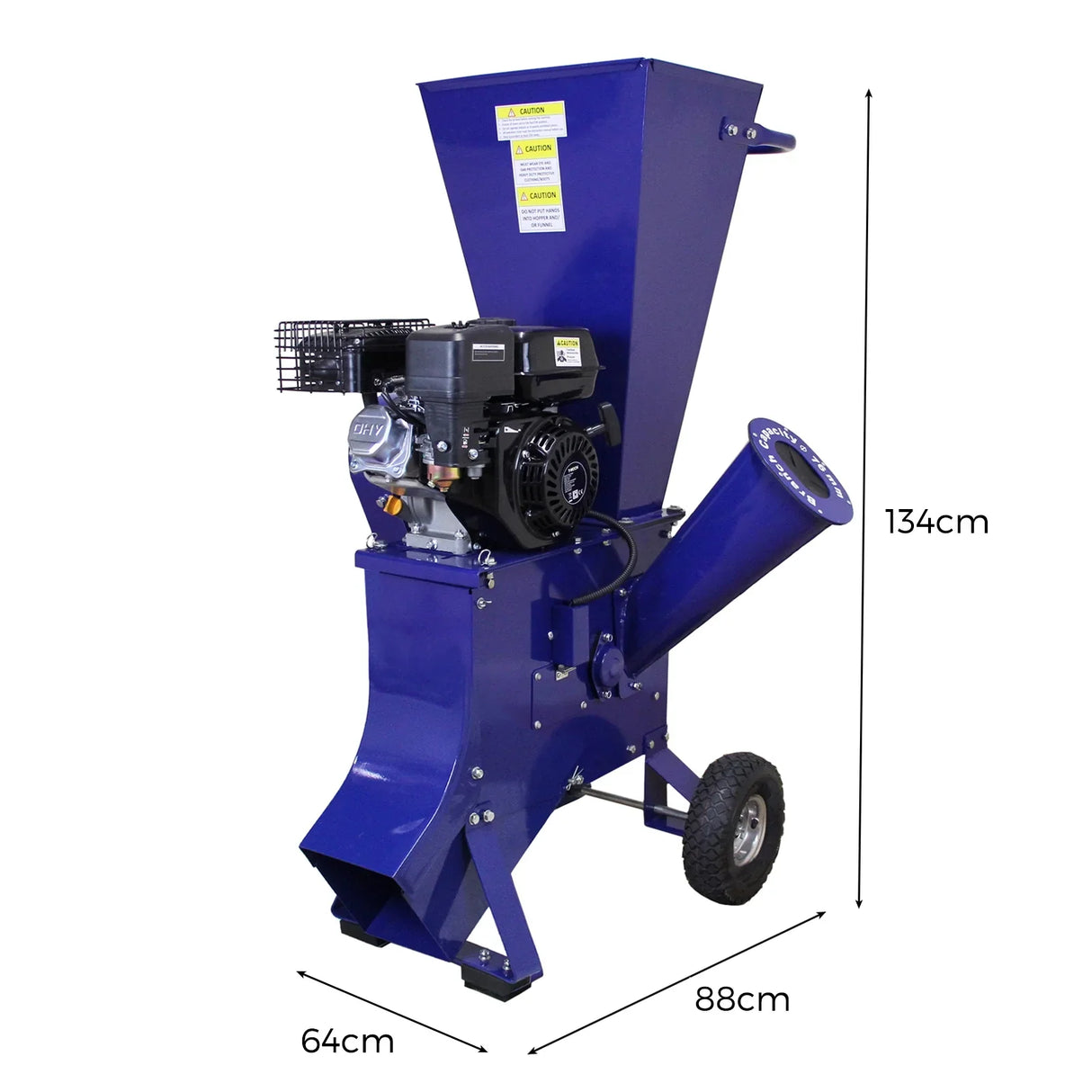 T-Mech 6.5HP wood chipper in vibrant blue, featuring a powerful engine, large chute, and sturdy wheels for easy mobility