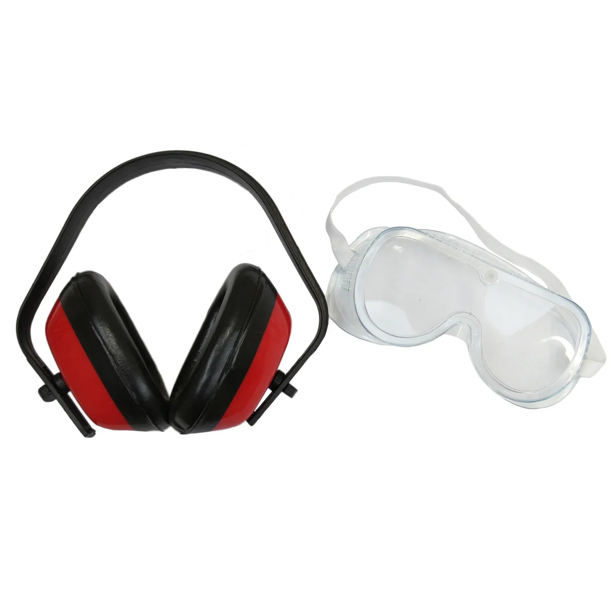 Red and black ear protection earmuffs with adjustable headband alongside clear safety goggles with elastic strap