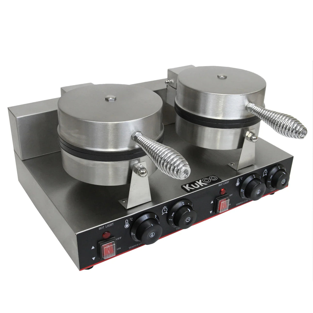 KuKoo Double Waffle Maker with stainless steel body, two round waffle plates, adjustable temperature controls, and indicator lights