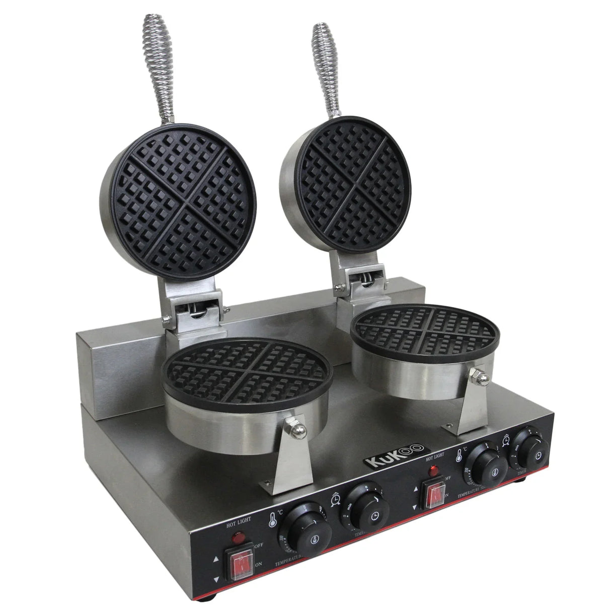 KuKoo Double Waffle Maker with stainless steel body, two round non-stick waffle plates, and adjustable temperature controls