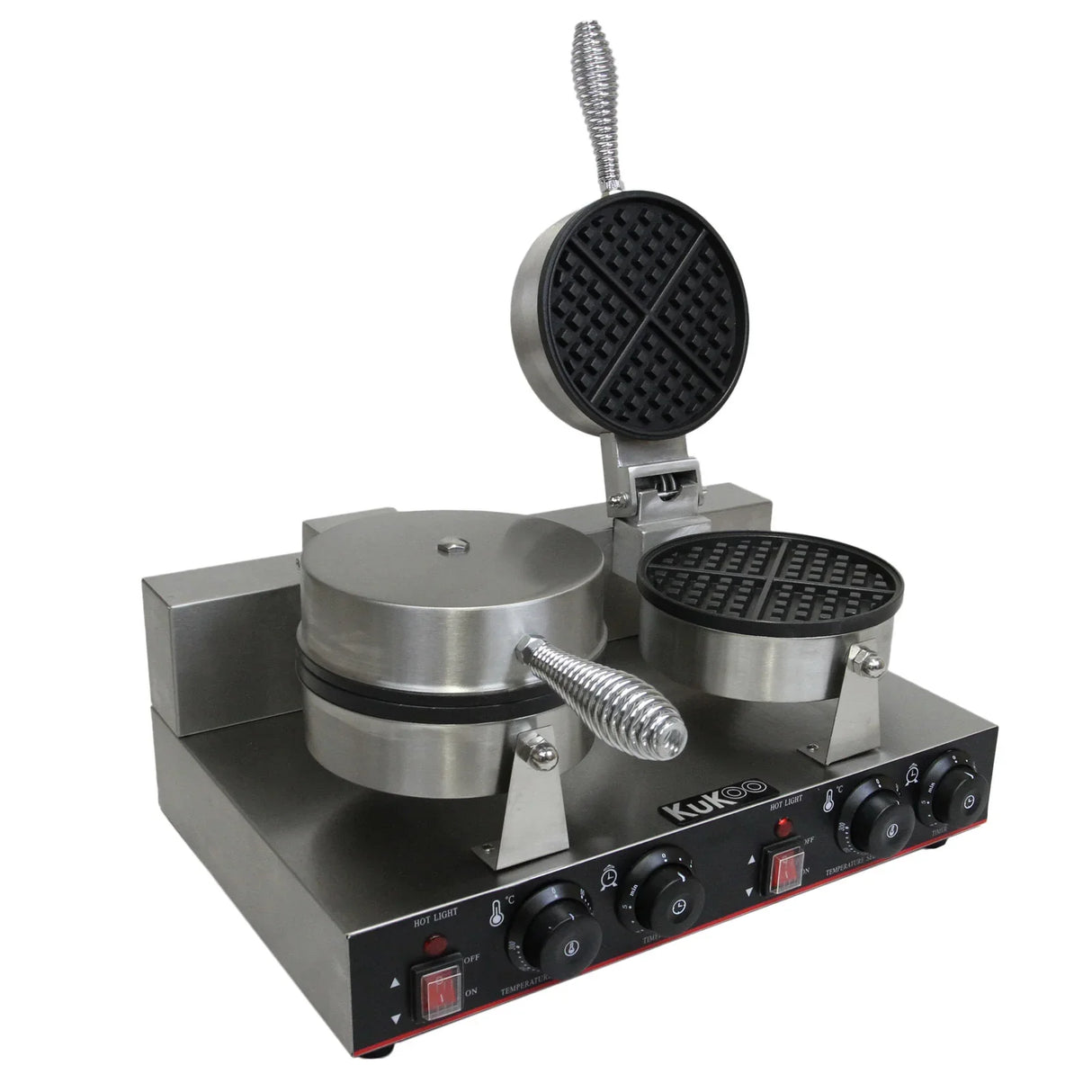 Stainless steel KuKoo double waffle maker with round plates, adjustable temperature controls, and a sleek, modern design