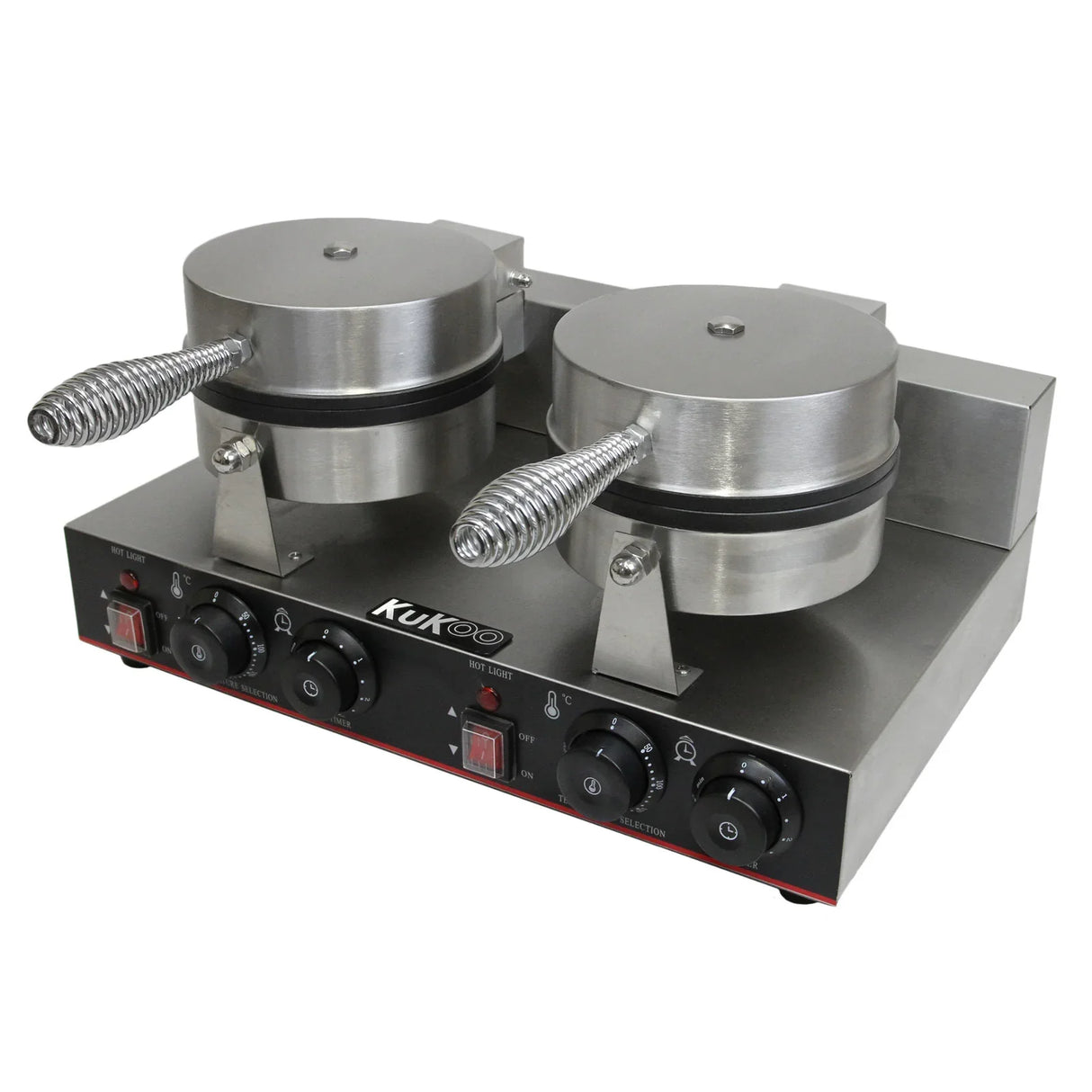Stainless steel KuKoo double waffle maker with two round waffle plates, adjustable temperature controls, and indicator lights