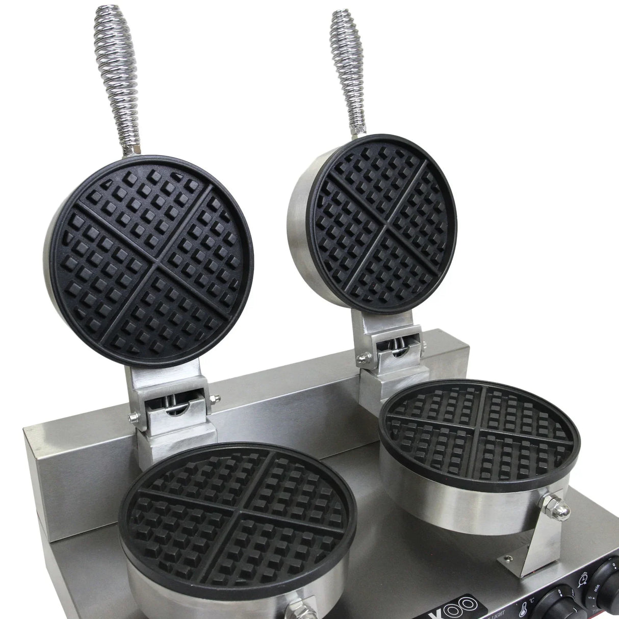 KuKoo Double Waffle Maker featuring two circular non-stick waffle plates with a stainless steel base and spring handles for easy use