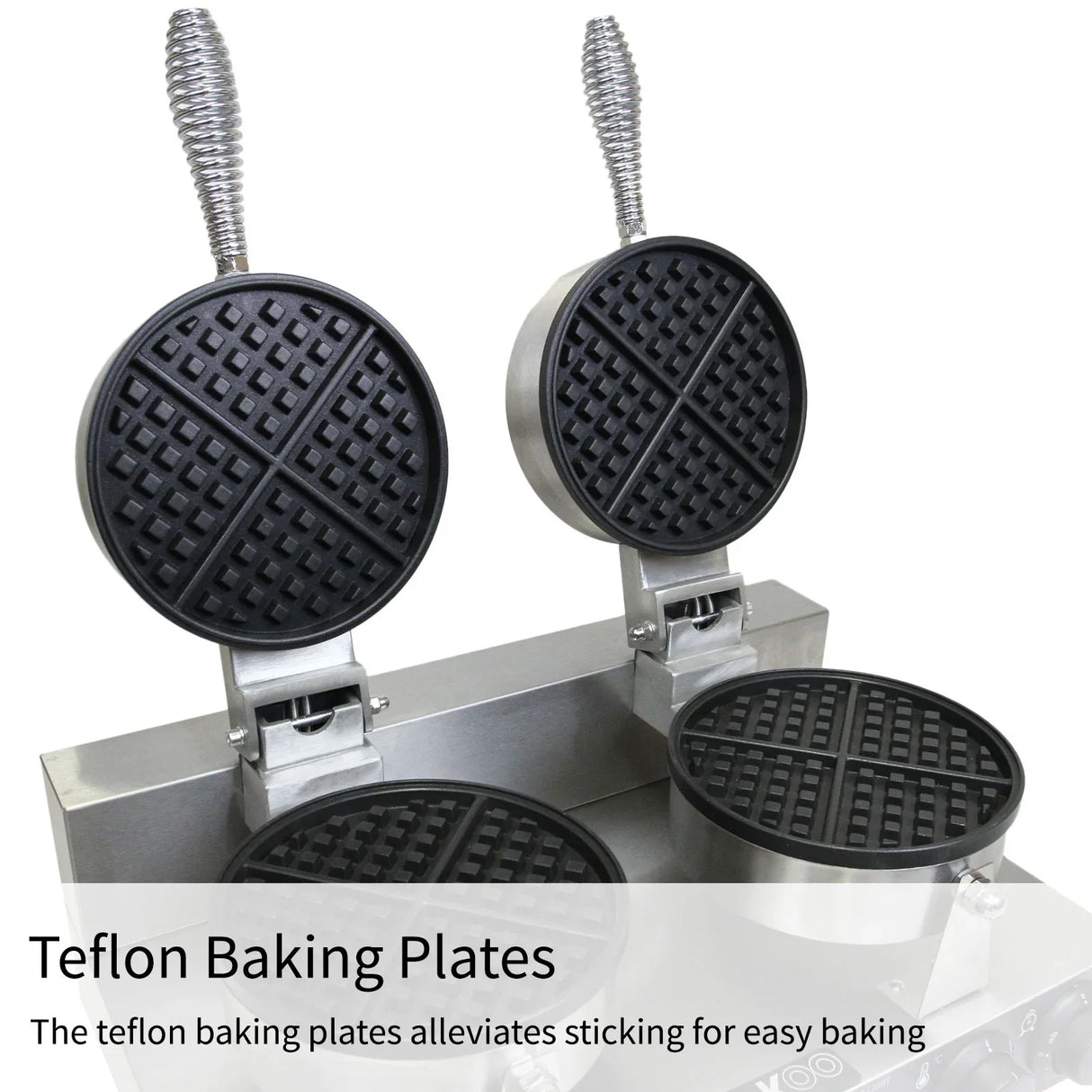 Double waffle maker with non-stick Teflon baking plates, featuring a sleek stainless steel design and spiral handles for easy use