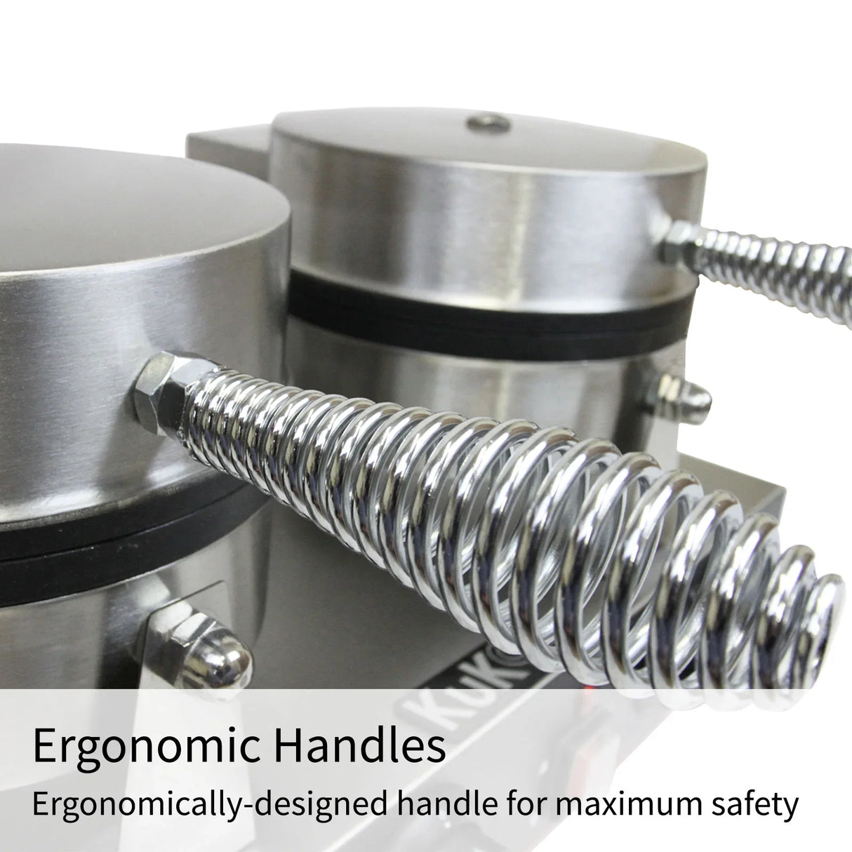 Ergonomic stainless steel handles on the KuKoo Double Waffle Maker, designed for safe and comfortable use while cooking waffles