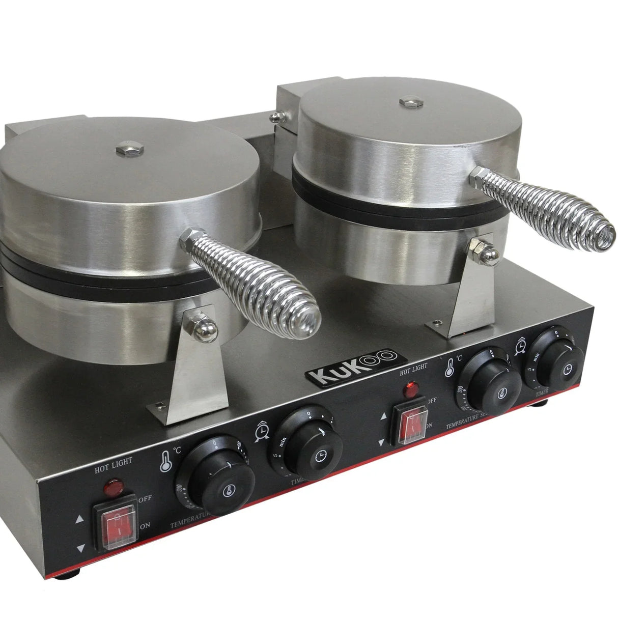 Stainless steel KuKoo double waffle maker with two round cooking plates, adjustable temperature controls, and indicator lights