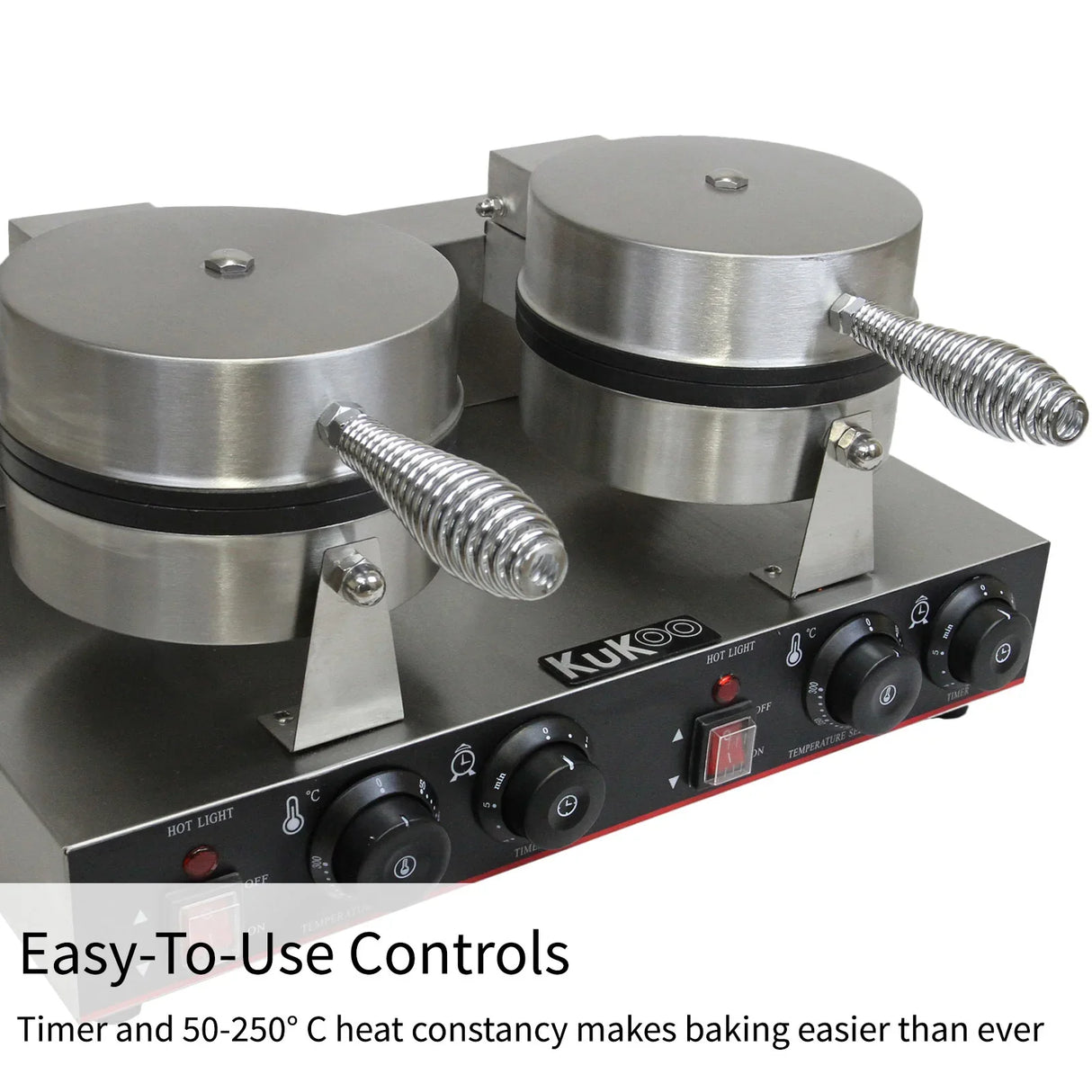 Stainless steel KuKoo Double Waffle Maker with easy-to-use controls, dual waffle plates, and adjustable temperature settings from 50-250°C