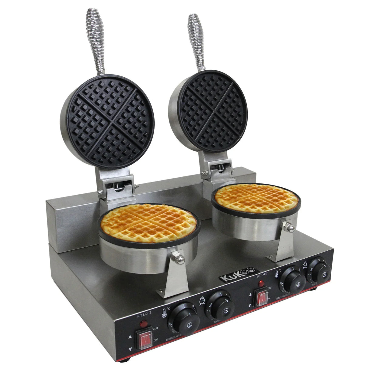 KuKoo Double Waffle Maker features stainless steel construction, two round waffle plates, and adjustable temperature controls for perfect waffles
