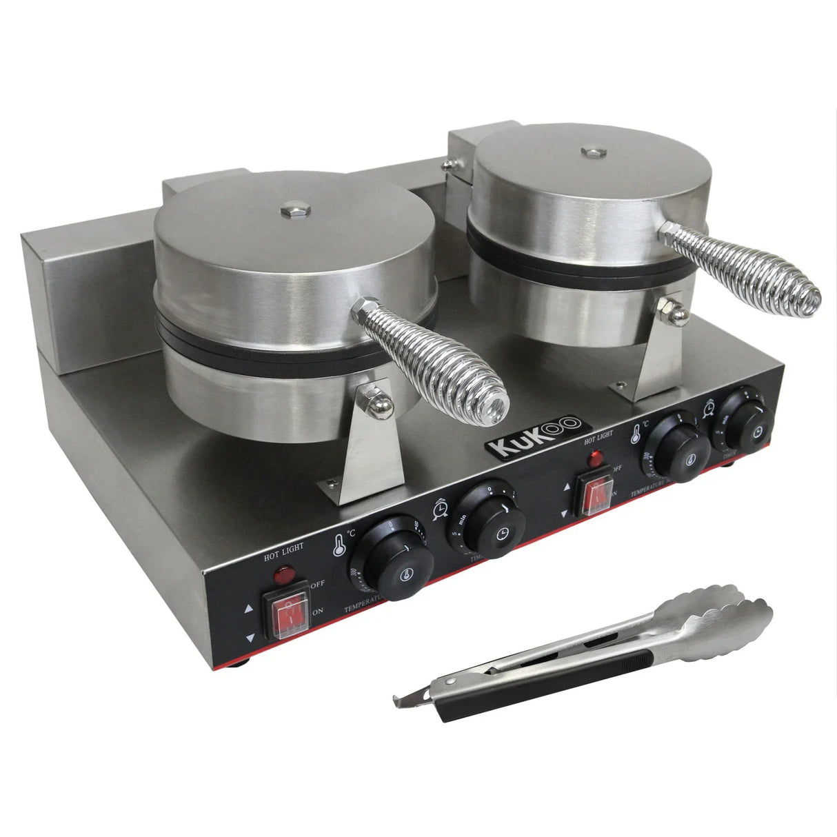 Stainless steel KuKoo double waffle maker with two round cooking plates, adjustable temperature controls, and included tongs
