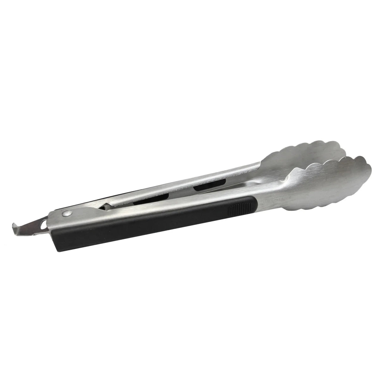 Stainless steel tongs with a black rubber grip, featuring scalloped edges for easy handling of food while cooking or serving