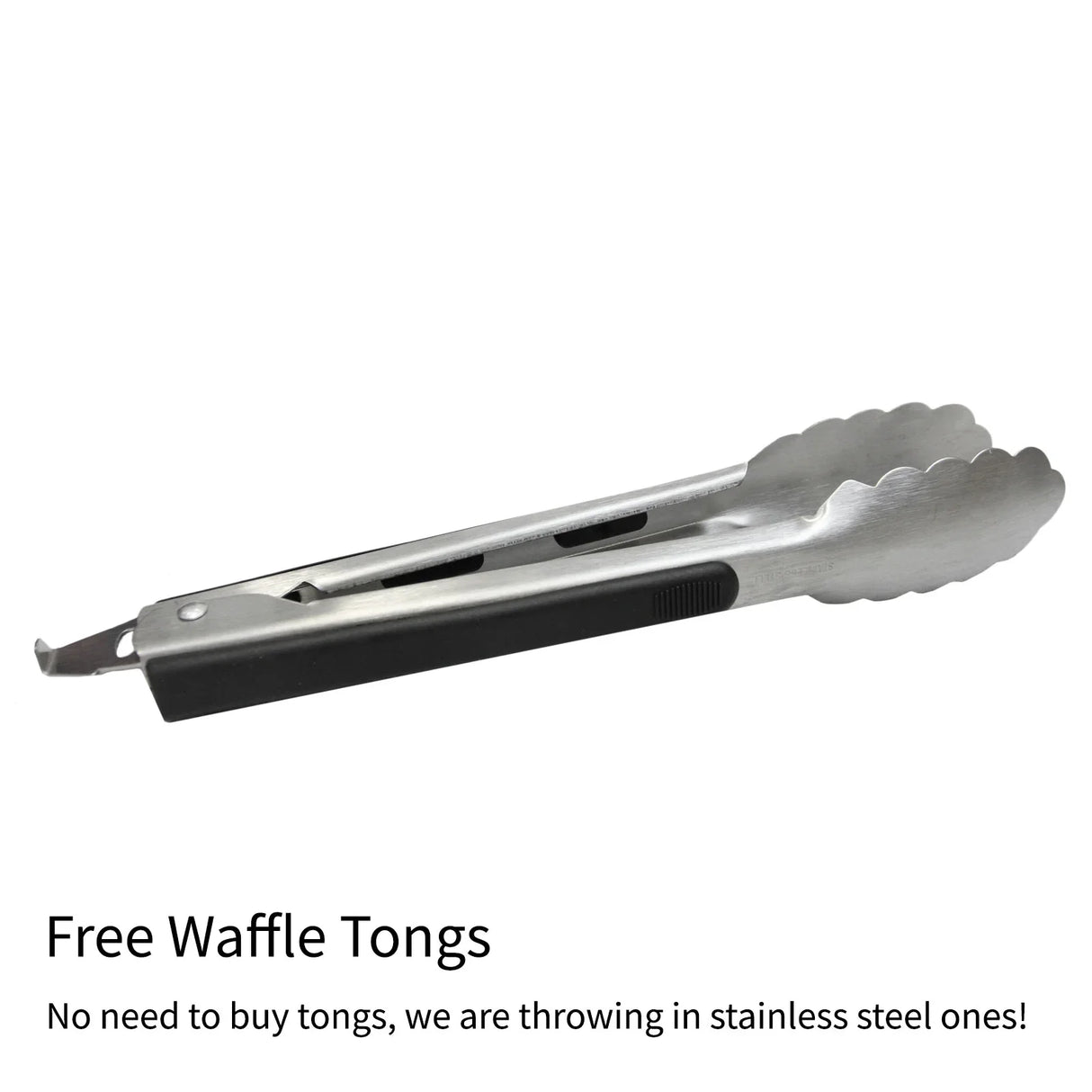 Stainless steel tongs with a black grip, included free with the KuKoo Double Waffle Maker for easy serving and handling