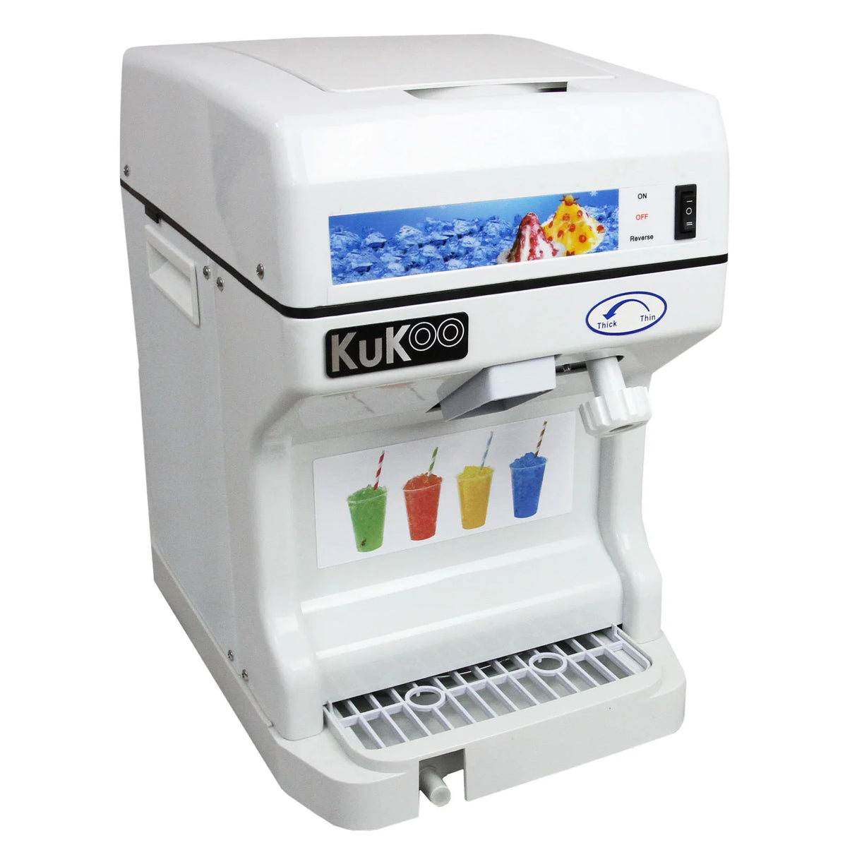 KuKoo Ice Shaver in white with a sleek design, featuring a control panel and a colorful ice treat display on the front