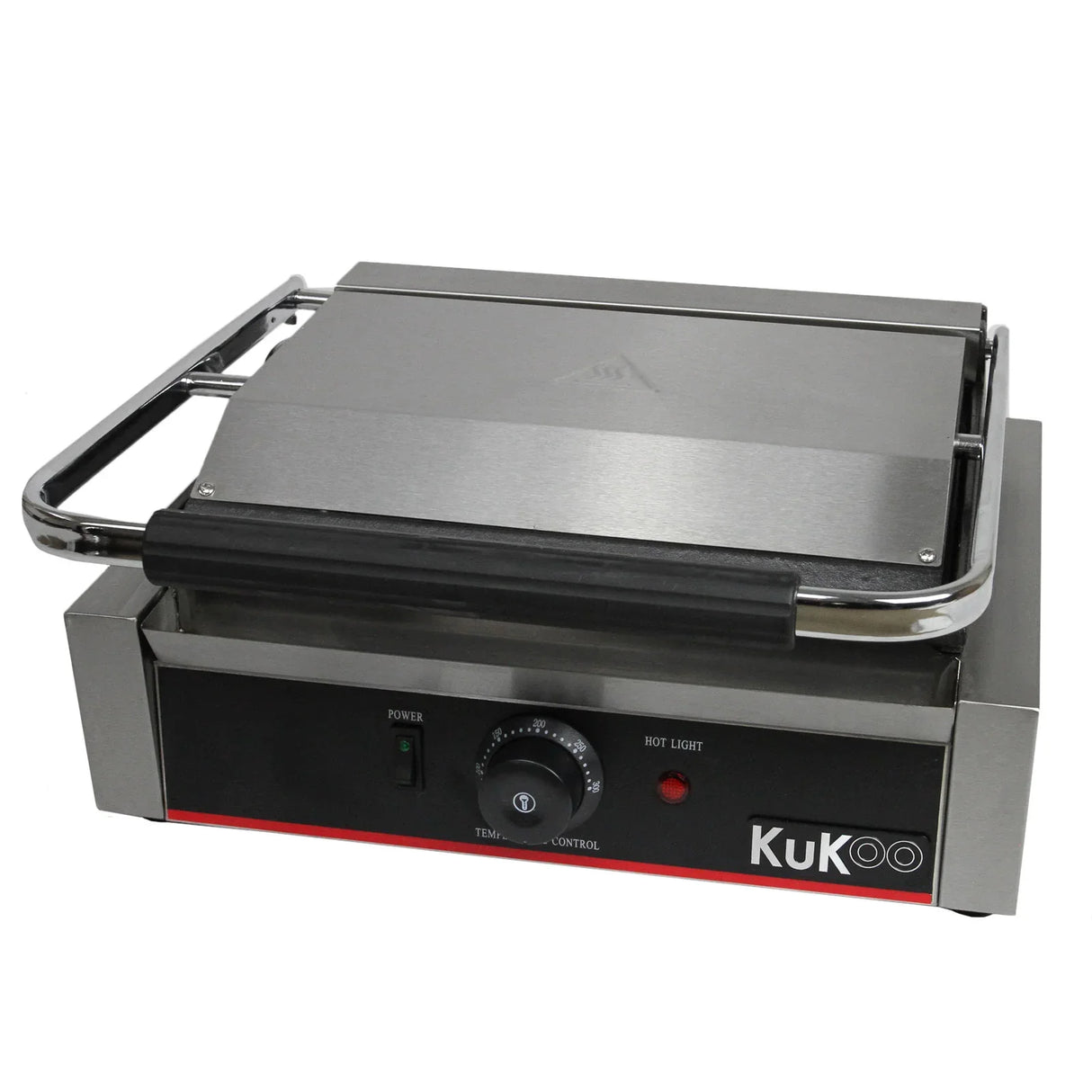 KuKoo grooved and flat panini press with stainless steel finish, adjustable temperature control, and power indicator light