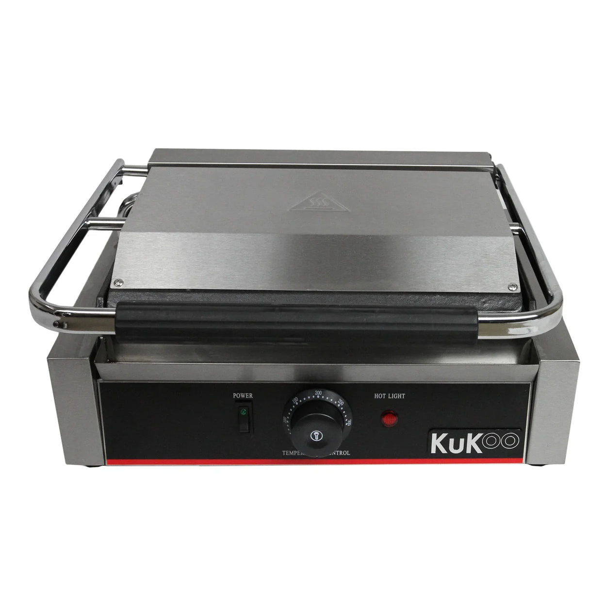 KuKoo Grooved & Flat Panini Press with stainless steel finish, adjustable temperature control, and power indicator light