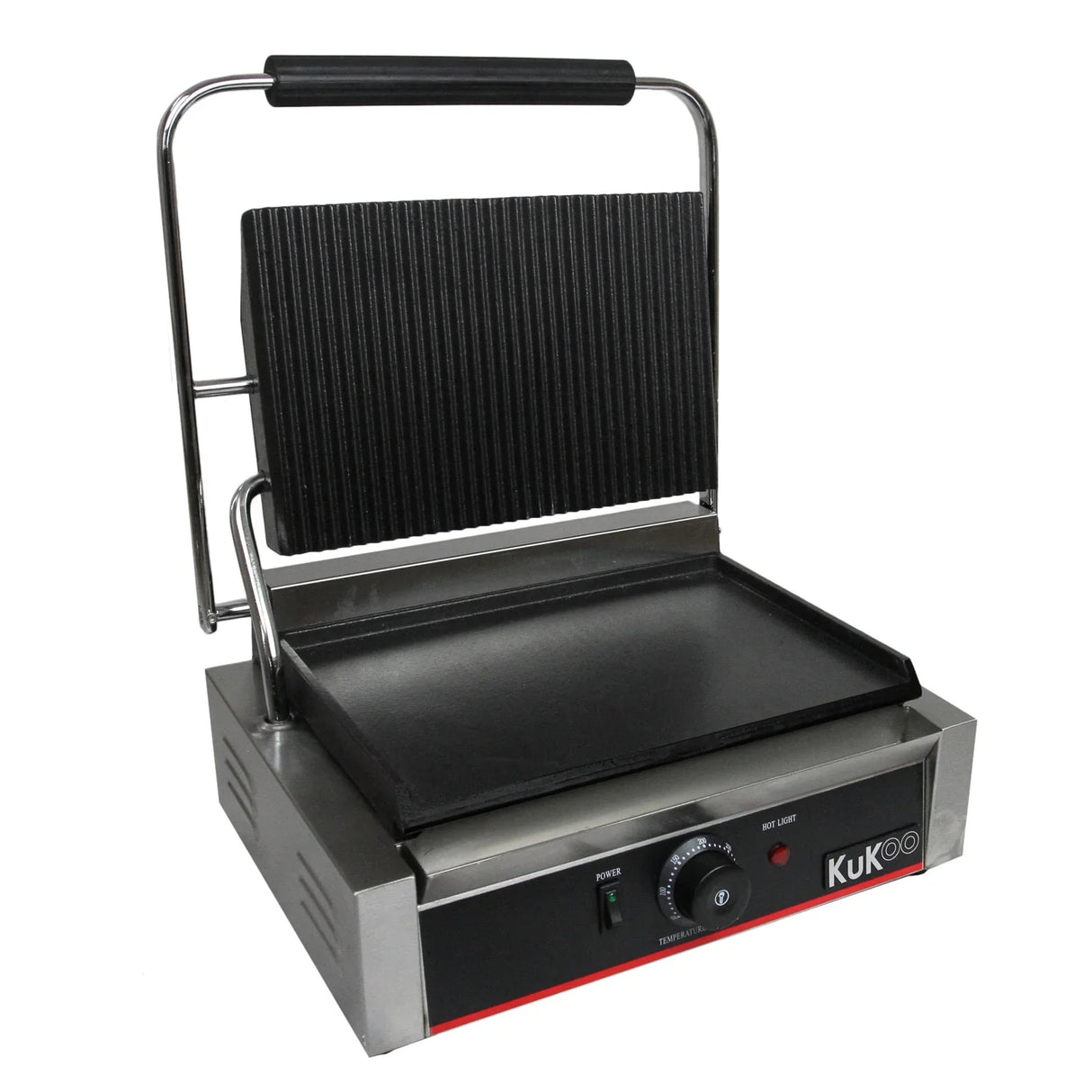 KuKoo Grooved & Flat Panini Press with a stainless steel body, adjustable temperature dial, and non-stick cooking surfaces