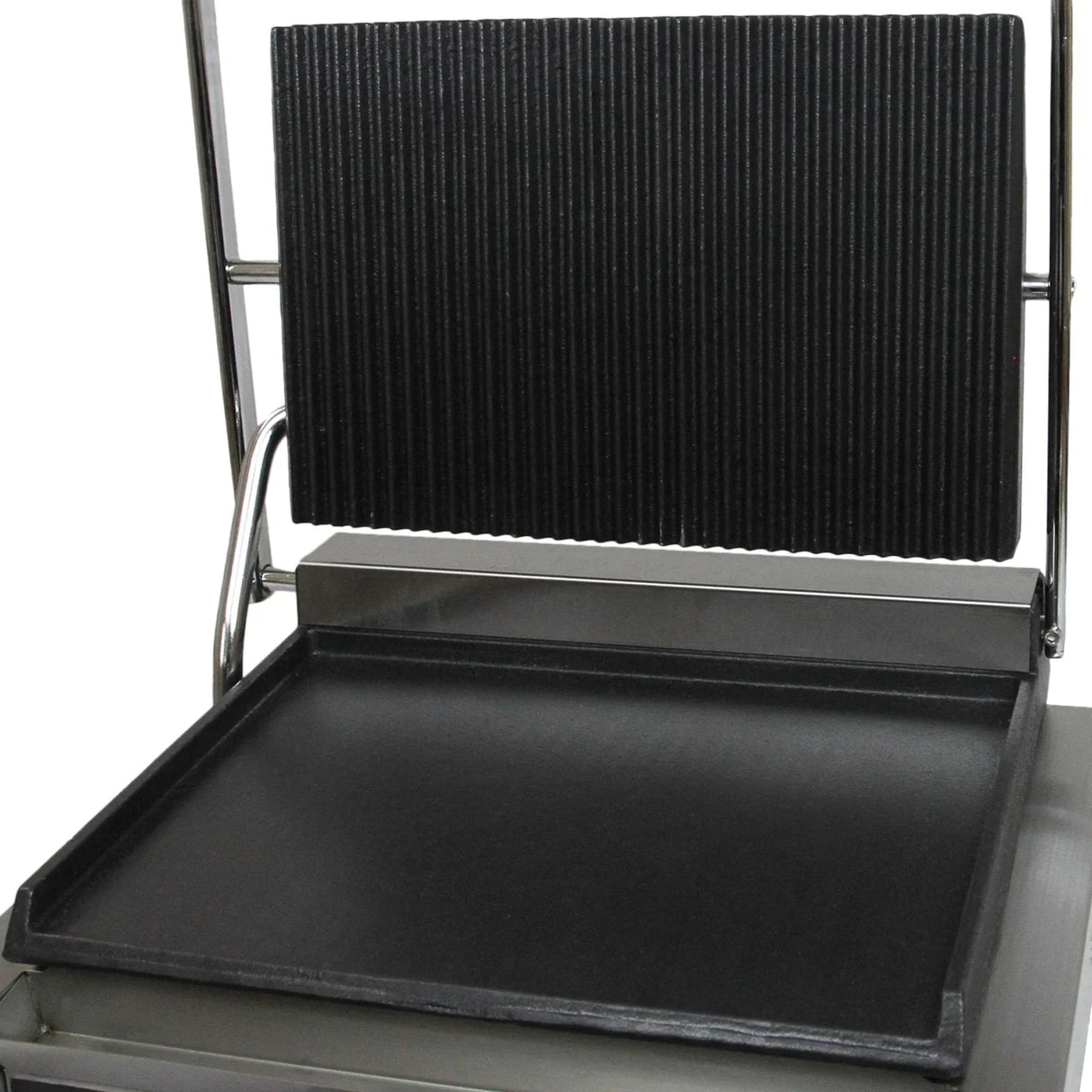 KuKoo Grooved & Flat Panini Press features a sleek stainless steel design with a ribbed top plate and smooth bottom surface for versatile cooking