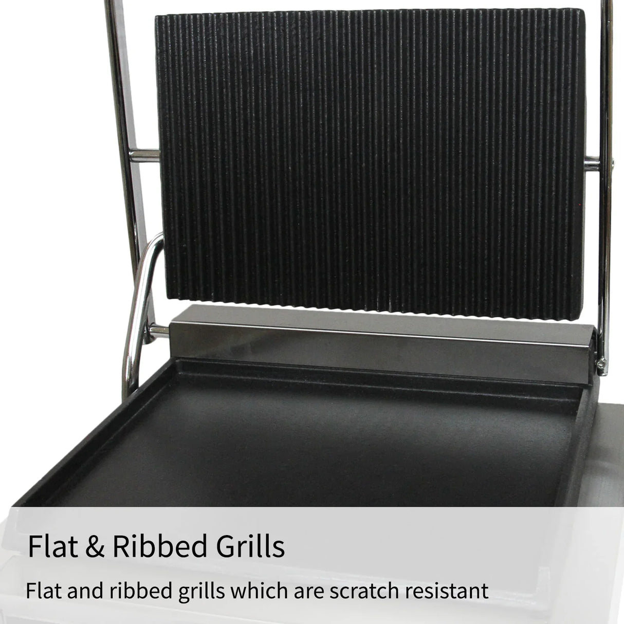 Grooved and flat cooking surfaces of the KuKoo Panini Press, featuring scratch-resistant grills and a sturdy stainless steel frame