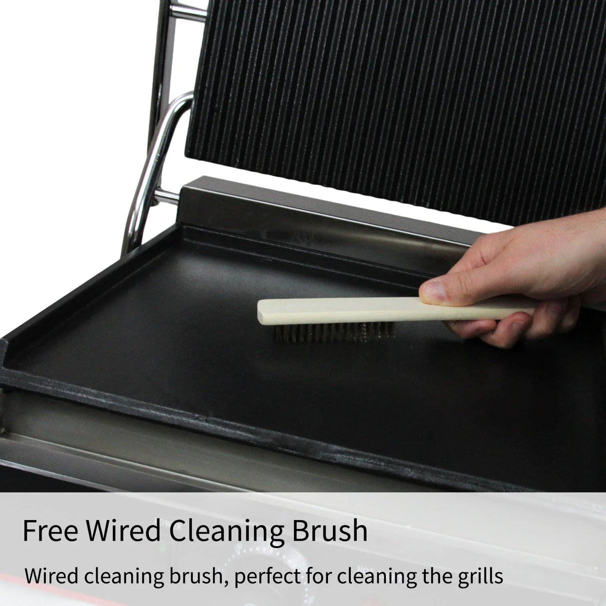 Wired cleaning brush included with KuKoo Grooved & Flat Panini Press, ideal for maintaining grill surfaces and ensuring cleanliness