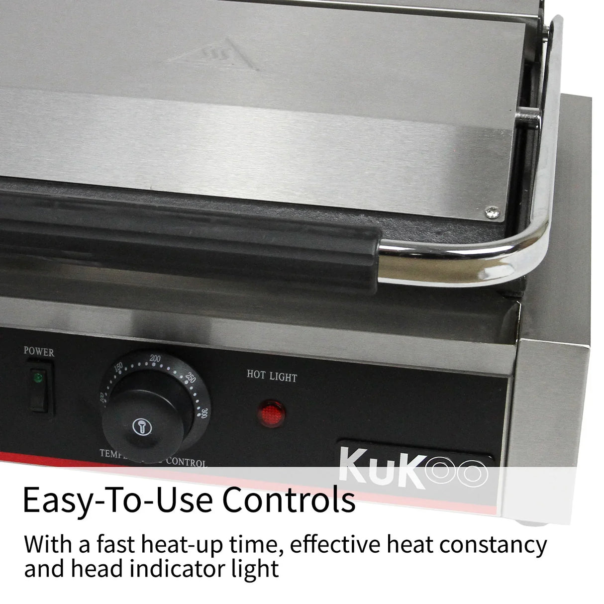 KuKoo Grooved & Flat Panini Press featuring easy-to-use controls, temperature dial, power indicator, and sleek stainless steel design