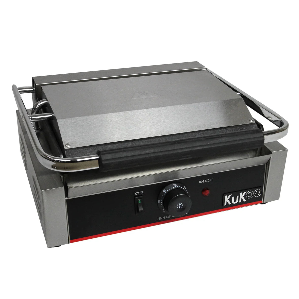 KuKoo Grooved Panini Press with stainless steel finish, adjustable temperature control, and sturdy handle for easy use