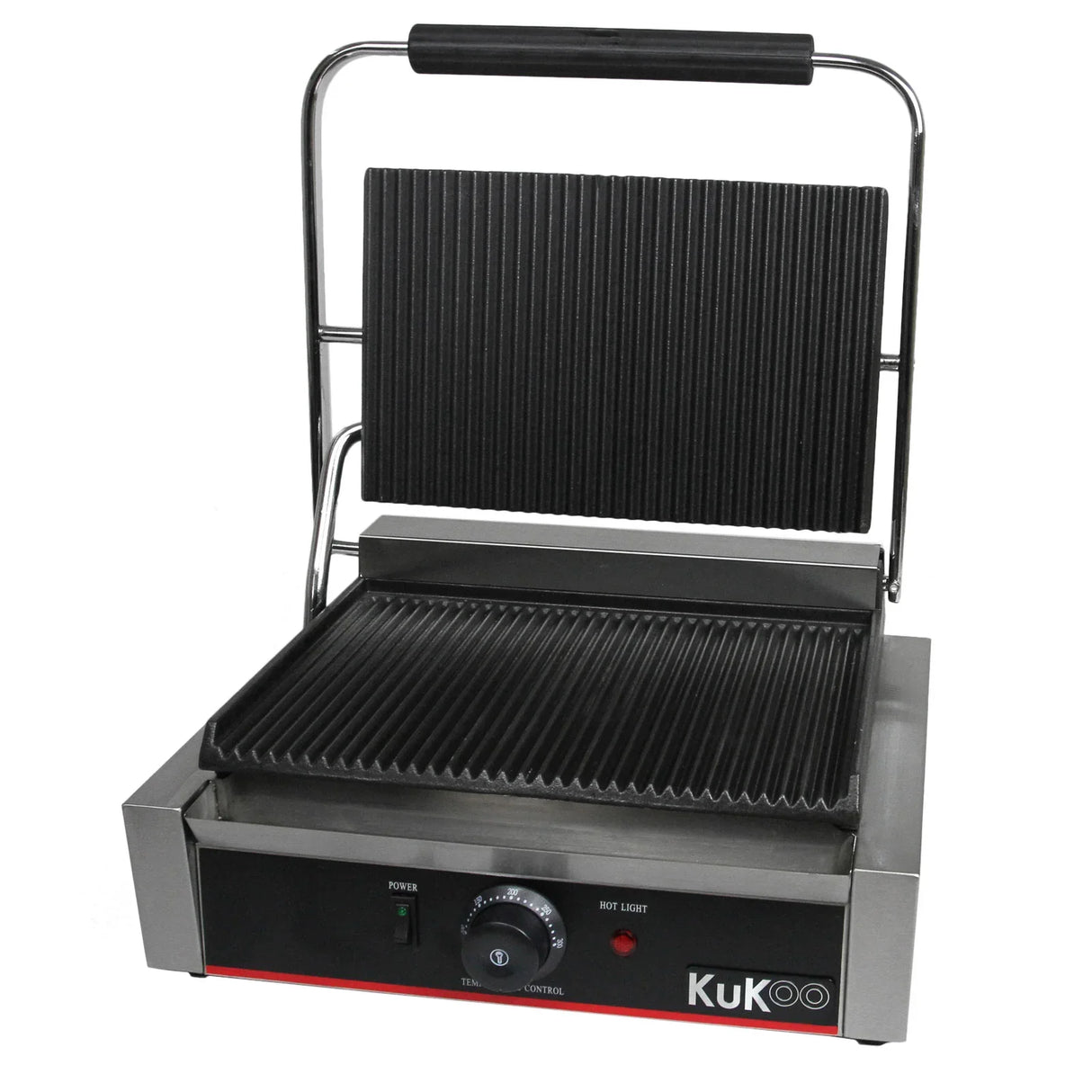 KuKoo Grooved Panini Press with stainless steel body, adjustable temperature control, and ribbed cooking plates for perfect grilling