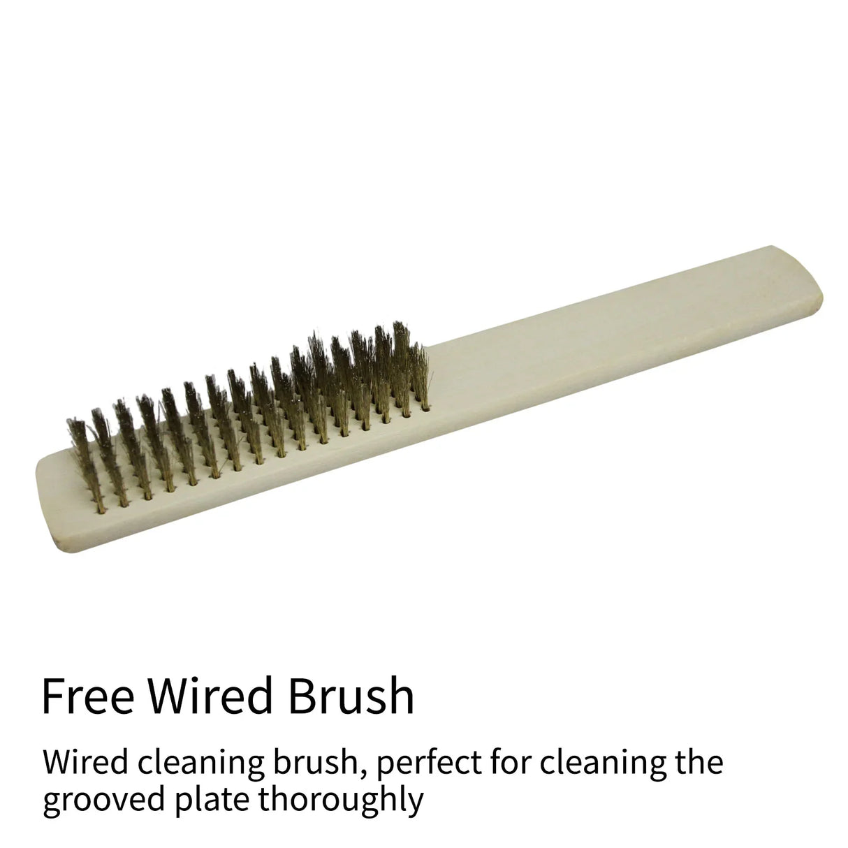 Wired cleaning brush with a wooden handle, designed for thoroughly cleaning the grooved plates of the KuKoo Panini Press