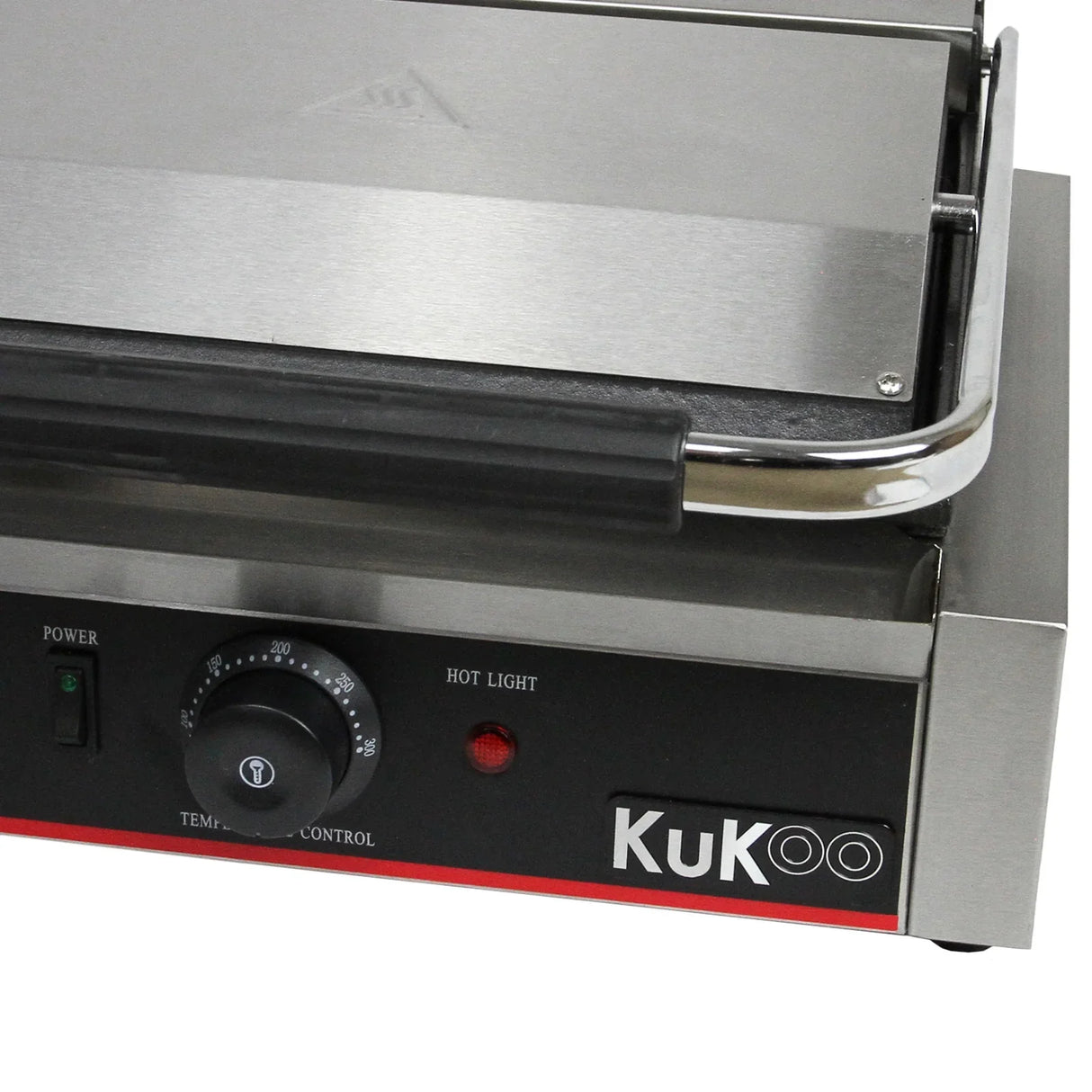 KuKoo Grooved Panini Press with stainless steel surface, adjustable temperature control, and indicator light for easy cooking
