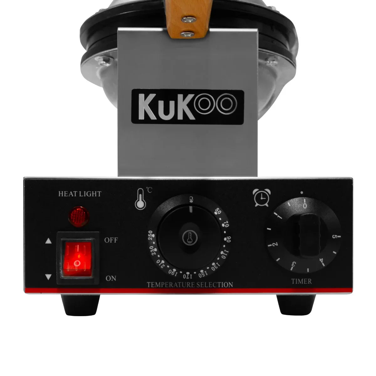 KuKoo Single Waffle Maker control panel featuring temperature selection dial, timer, heat light, and sleek stainless steel design