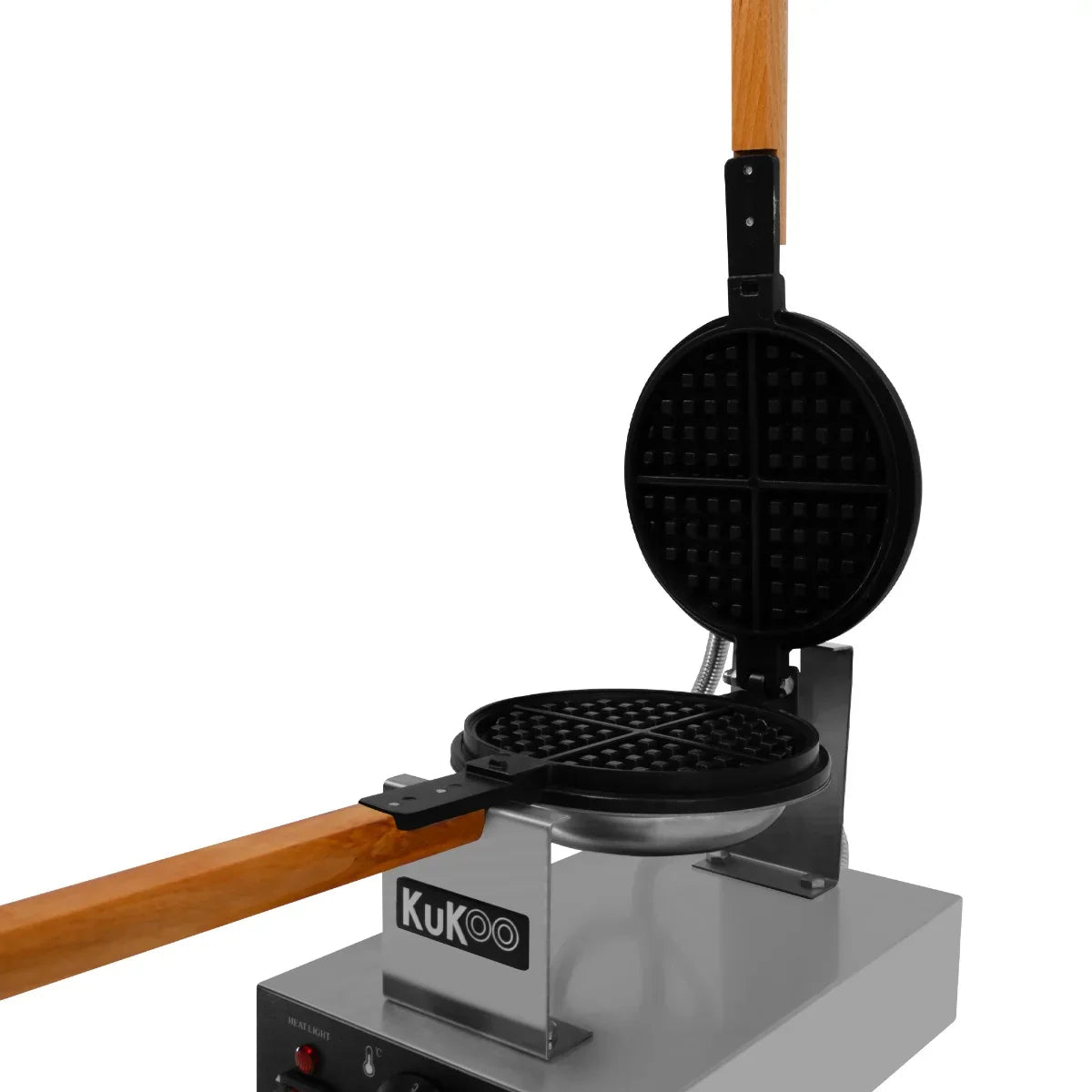 KuKoo Single Waffle Maker with a sleek stainless steel base, wooden handle, and a round, non-stick waffle plate design