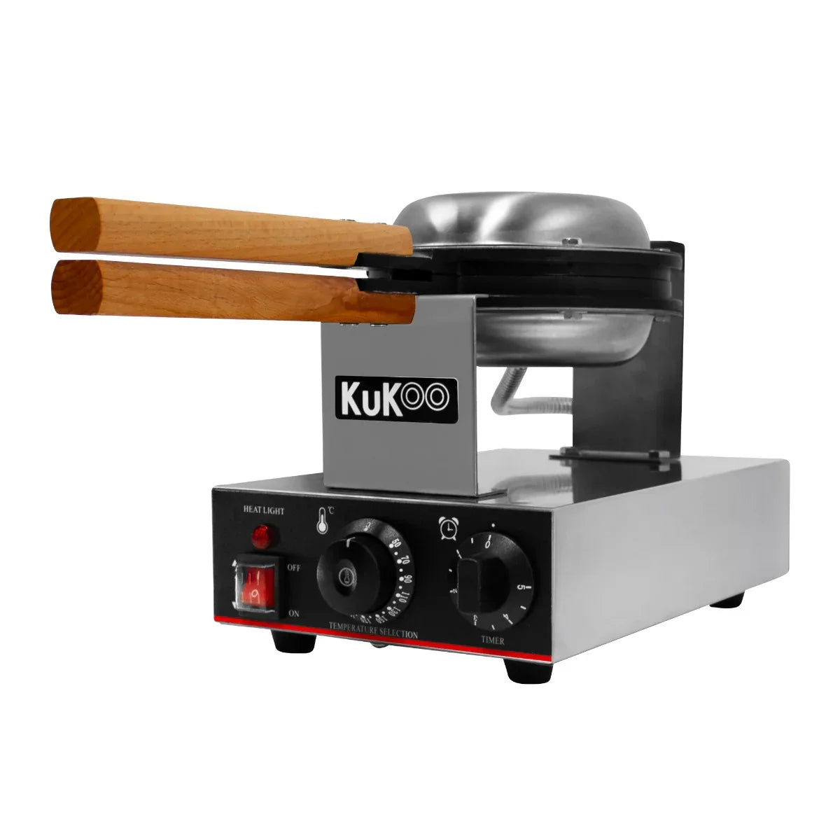 KuKoo Single Waffle Maker with stainless steel body, wooden handles, adjustable timer, and temperature control for perfect waffles