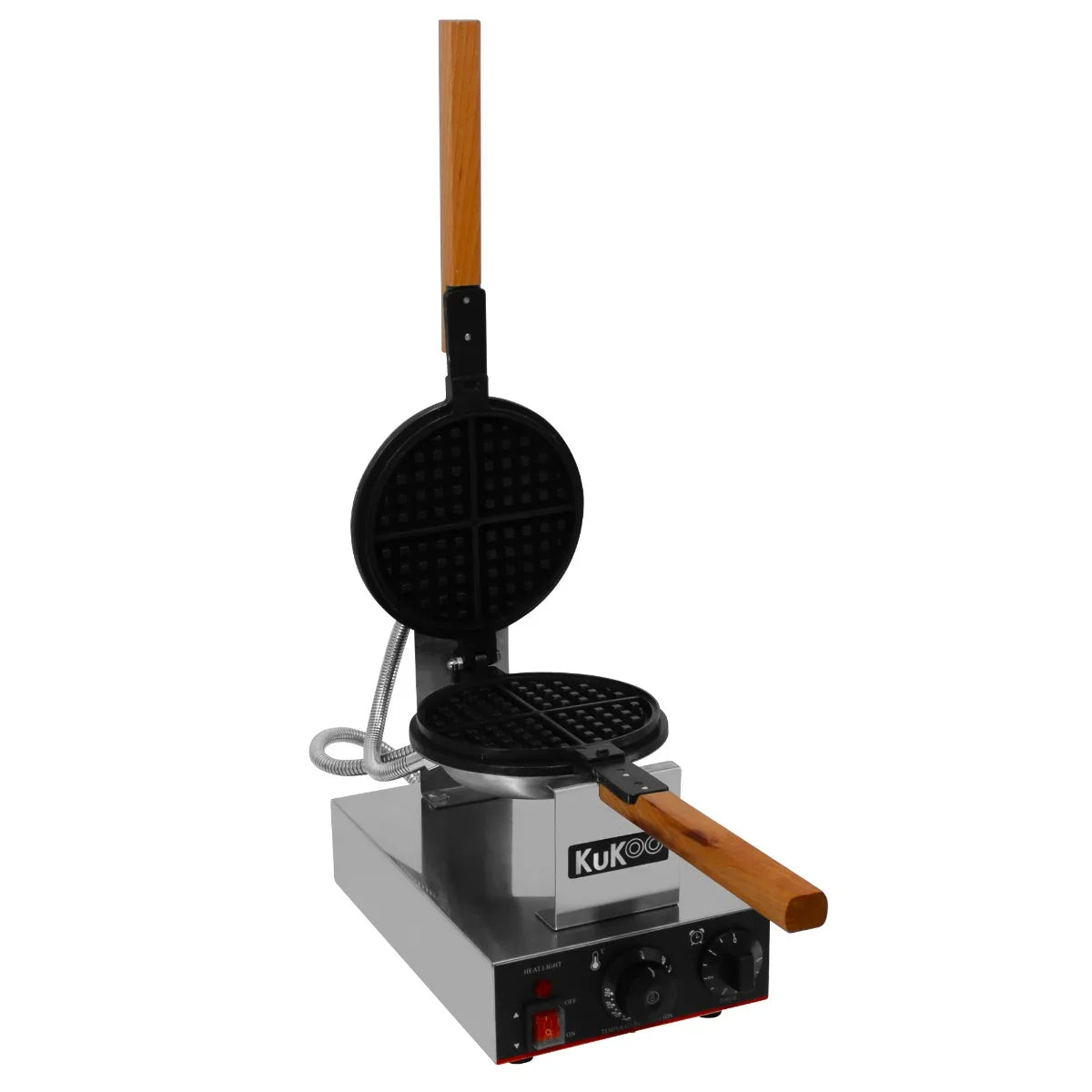 KuKoo Single Waffle Maker with a sleek stainless steel body, black non-stick waffle plates, and a wooden handle for easy operation