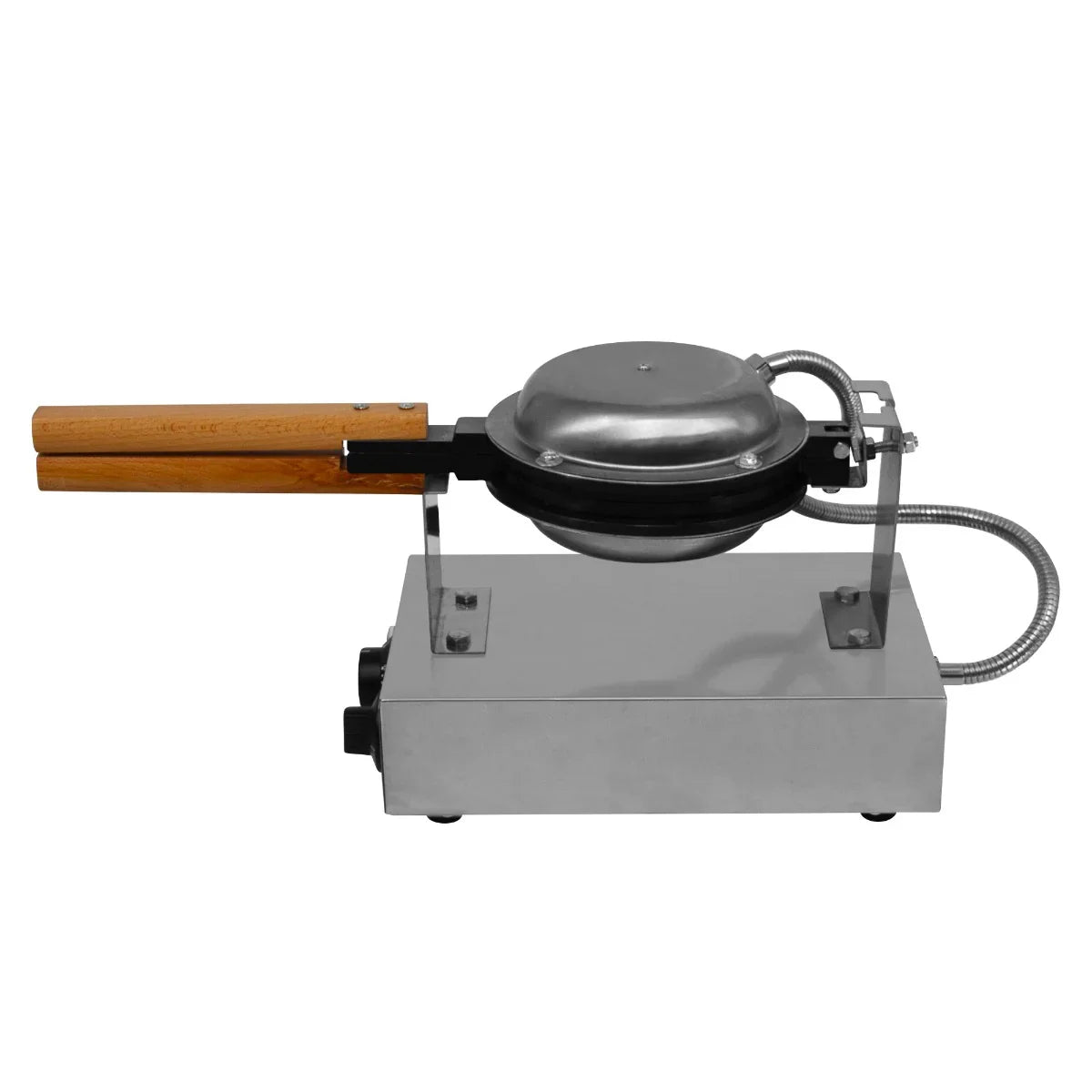 KuKoo Single Waffle Maker with stainless steel body, wooden handles, and a round cooking plate for perfectly shaped waffles