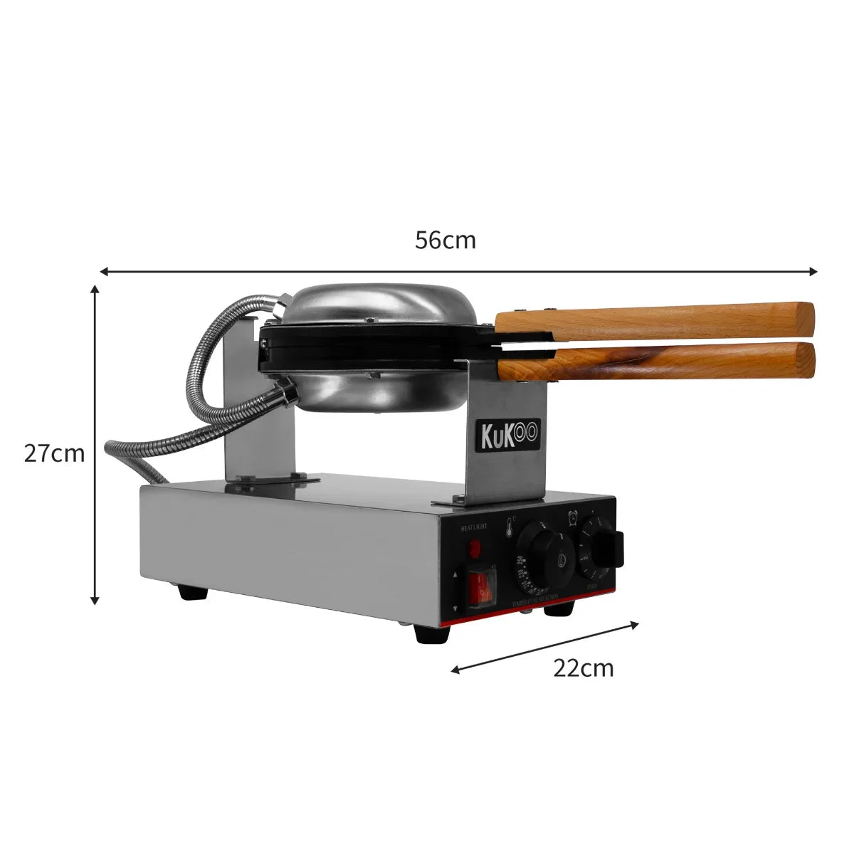 KuKoo Single Waffle Maker with stainless steel body, wooden handles, and adjustable temperature control for perfect waffles